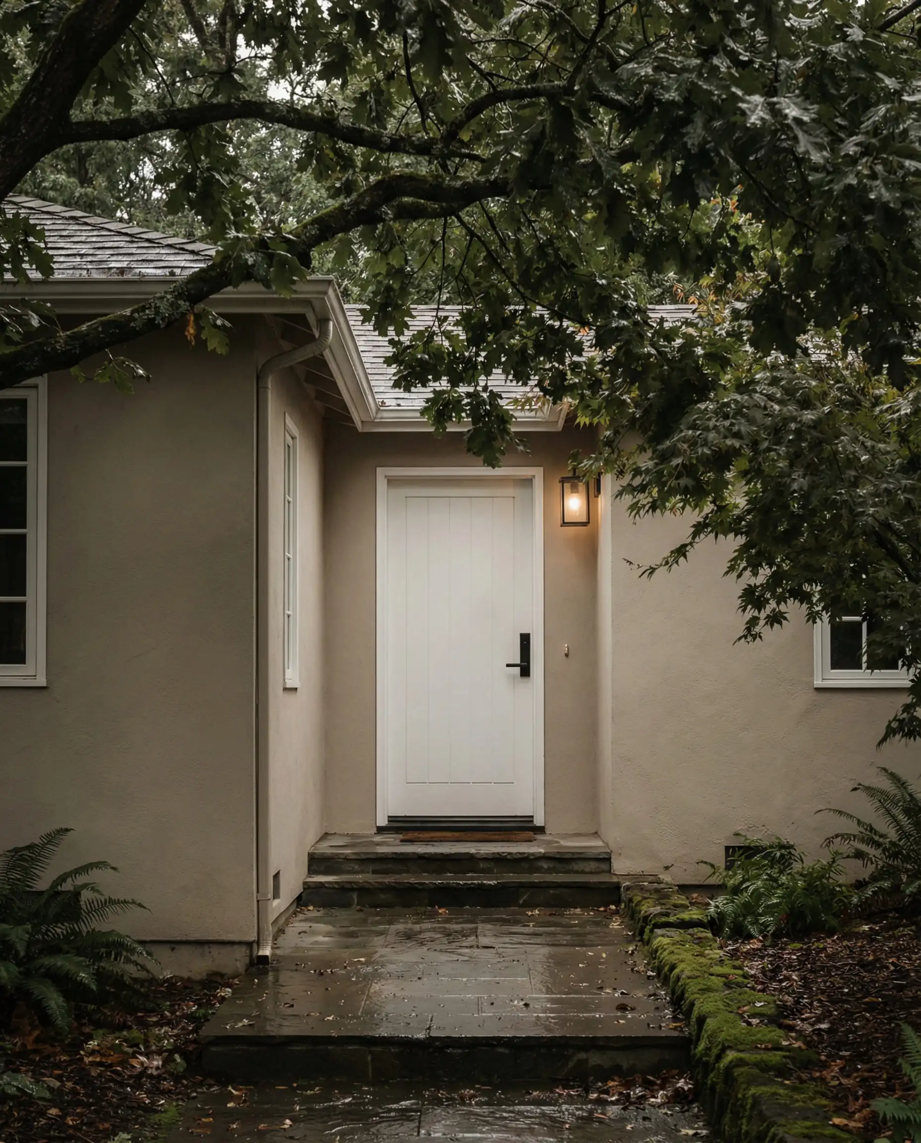 Side entryway painted in Sherwin-Williams Accessible Beige under heavy tree shade.