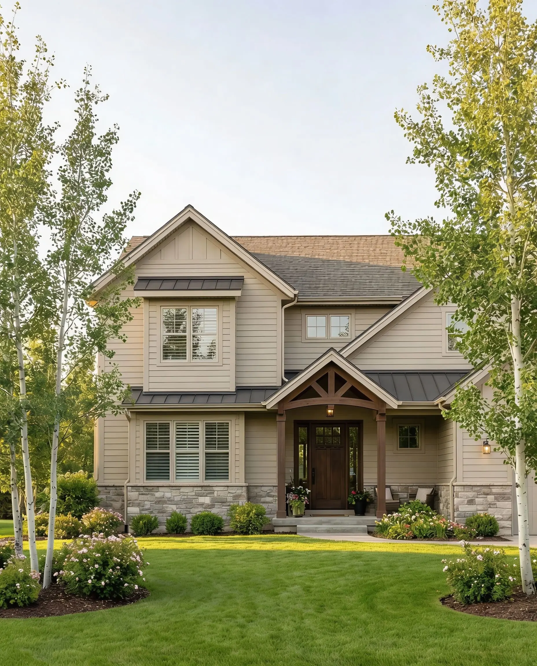 Transitional luxury home exterior painted in Sherwin-Williams Accessible Beige (SW 7036) with stone skirt.