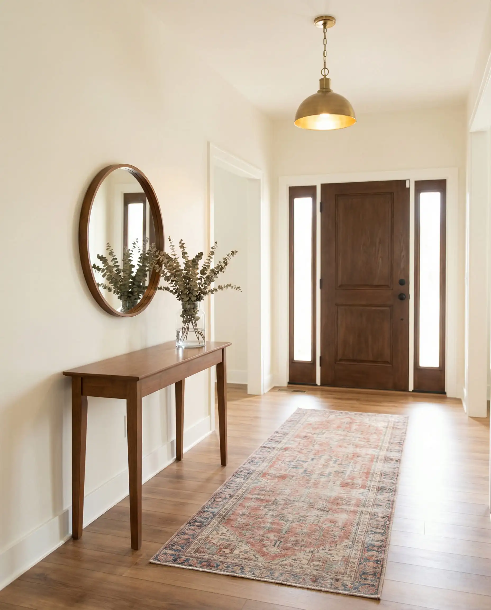 Welcoming foyer painted in Sherwin-Williams Alabaster with a vintage runner rug.