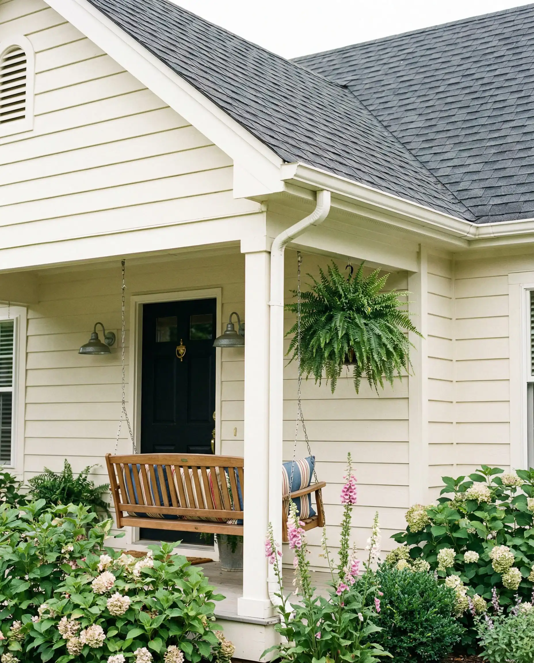 Charming cottage exterior with wood lap siding painted in Sherwin-Williams Alabaster.