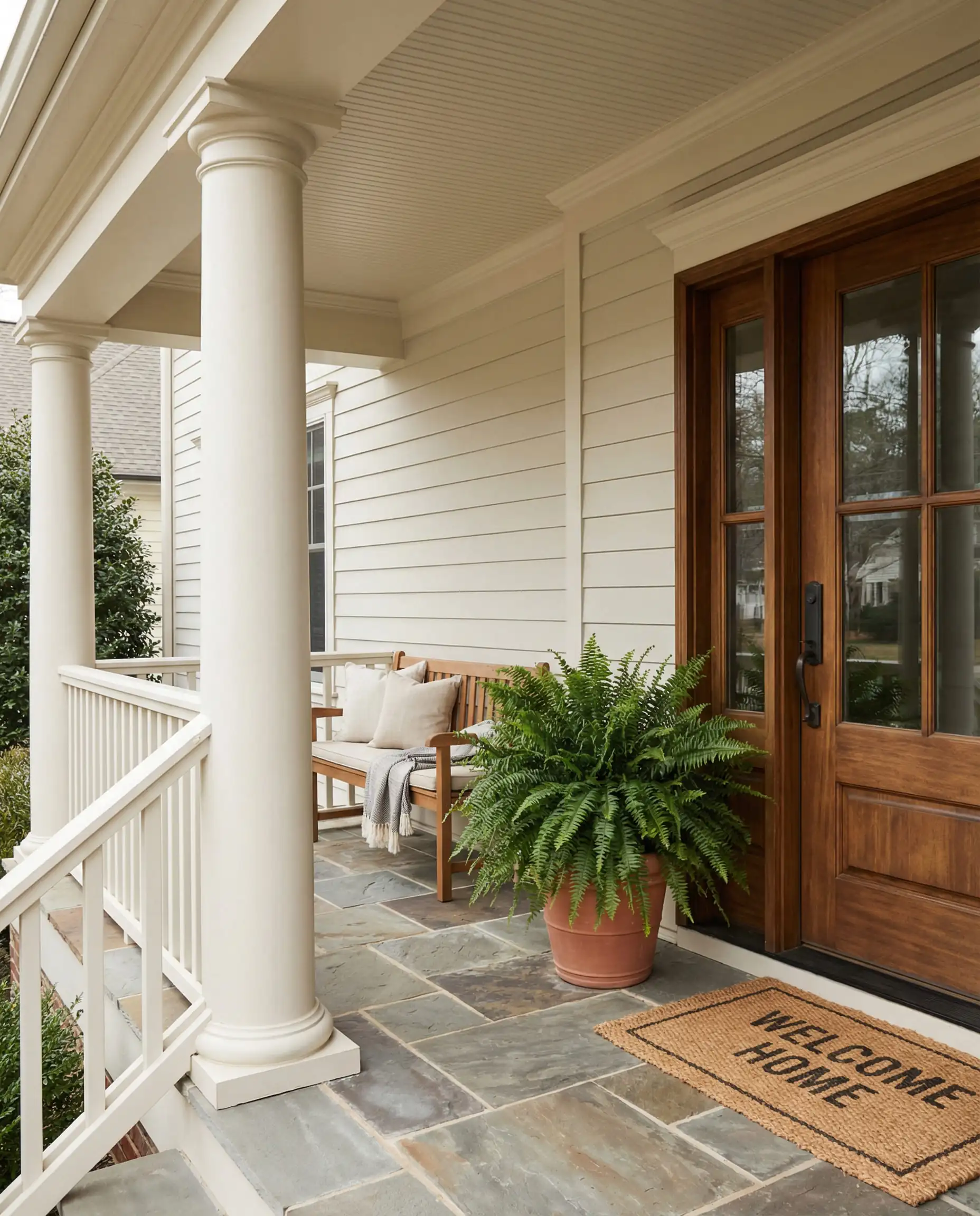 Inviting front porch with columns painted in Sherwin-Williams Alabaster and a wood door.