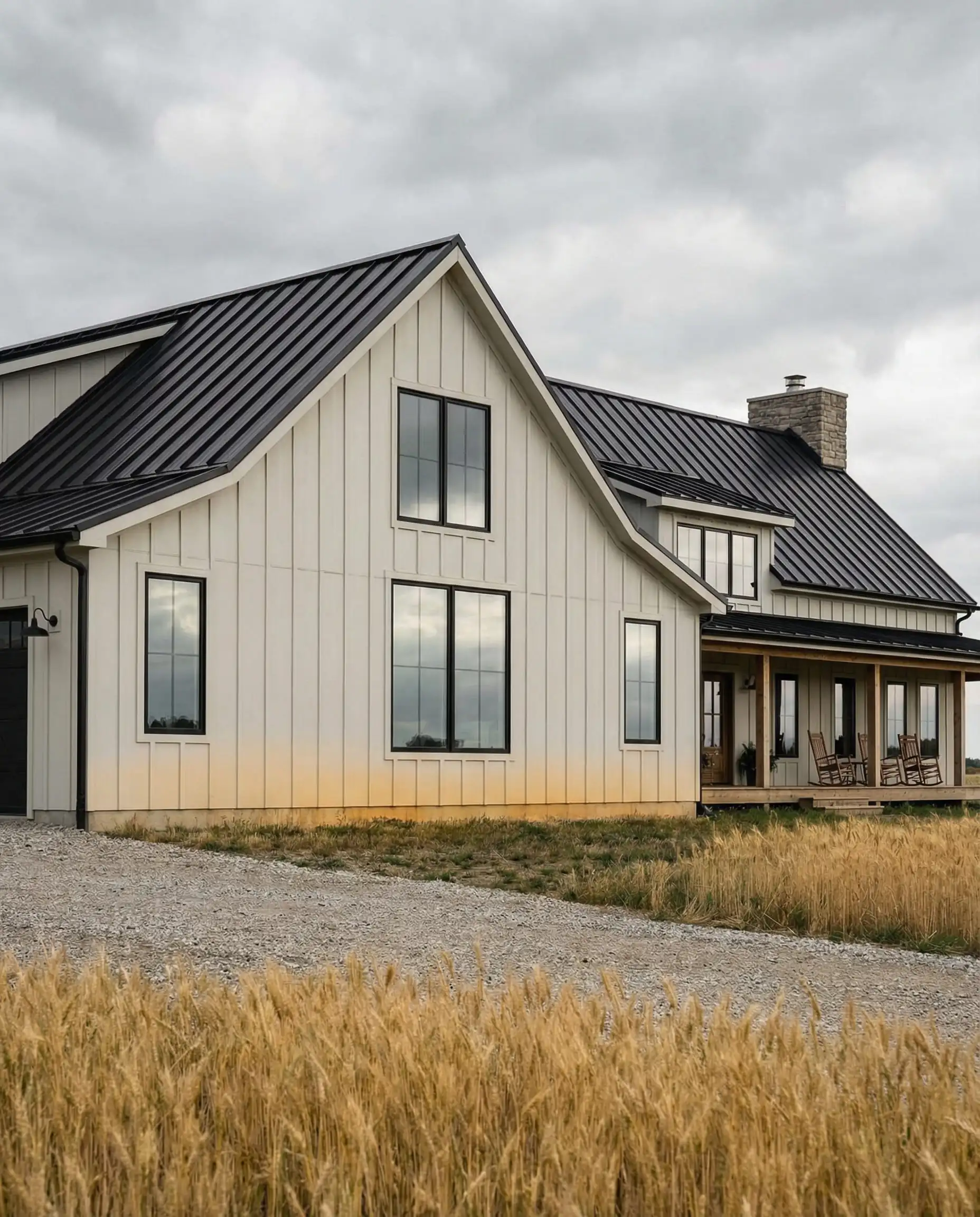 Quintessential modern farmhouse painted in Sherwin-Williams Alabaster (SW 7008) with black metal roof.