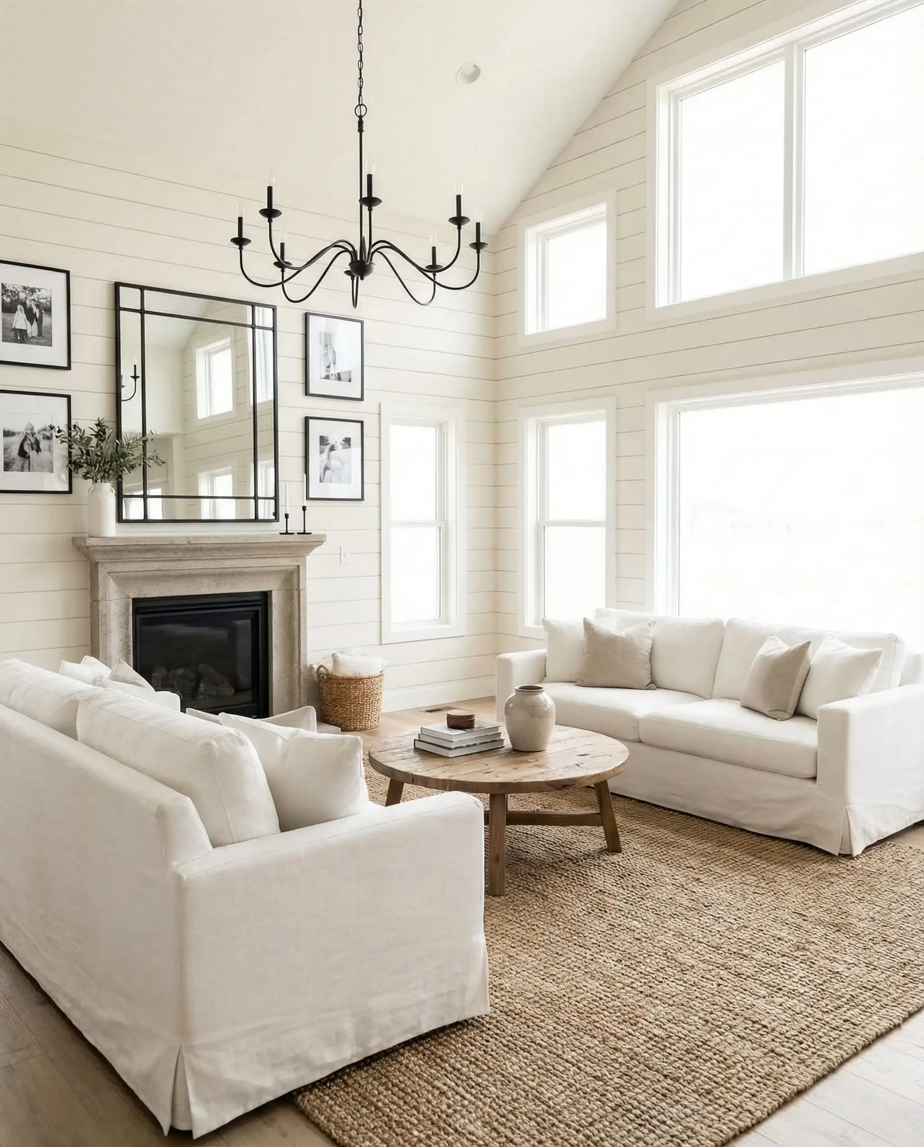 Modern farmhouse living room with horizontal shiplap painted in Sherwin-Williams Alabaster.