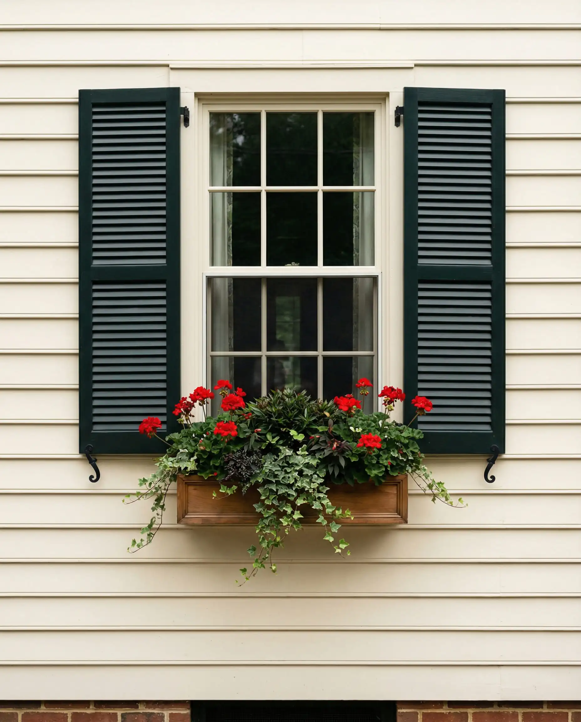 Sherwin-Williams Dover White siding paired with classic Hunter Green shutters.
