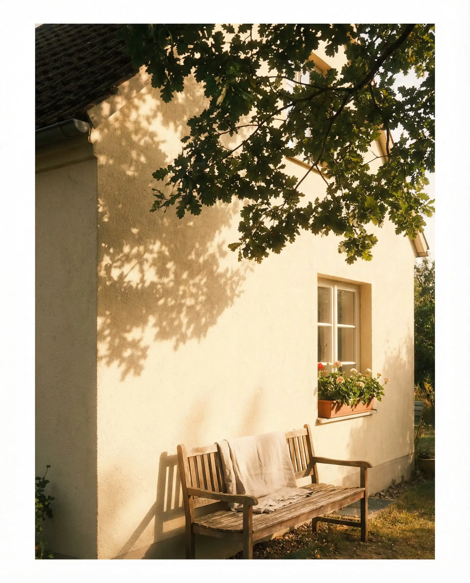 Side gable painted in Sherwin-Williams Dover White glowing in mid-day sun.