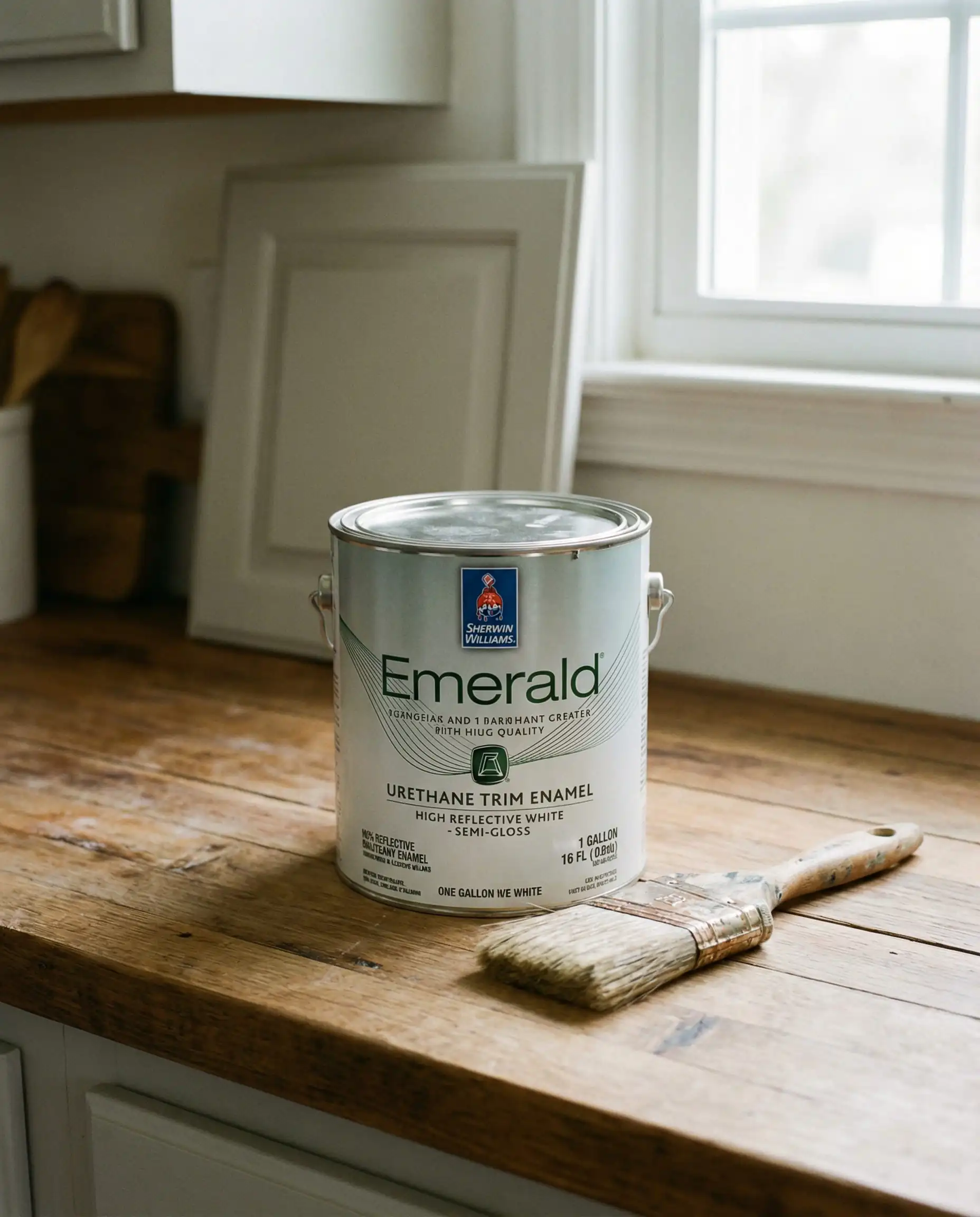 Can of Sherwin-Williams Emerald Urethane Trim Enamel paint on a wooden counter.