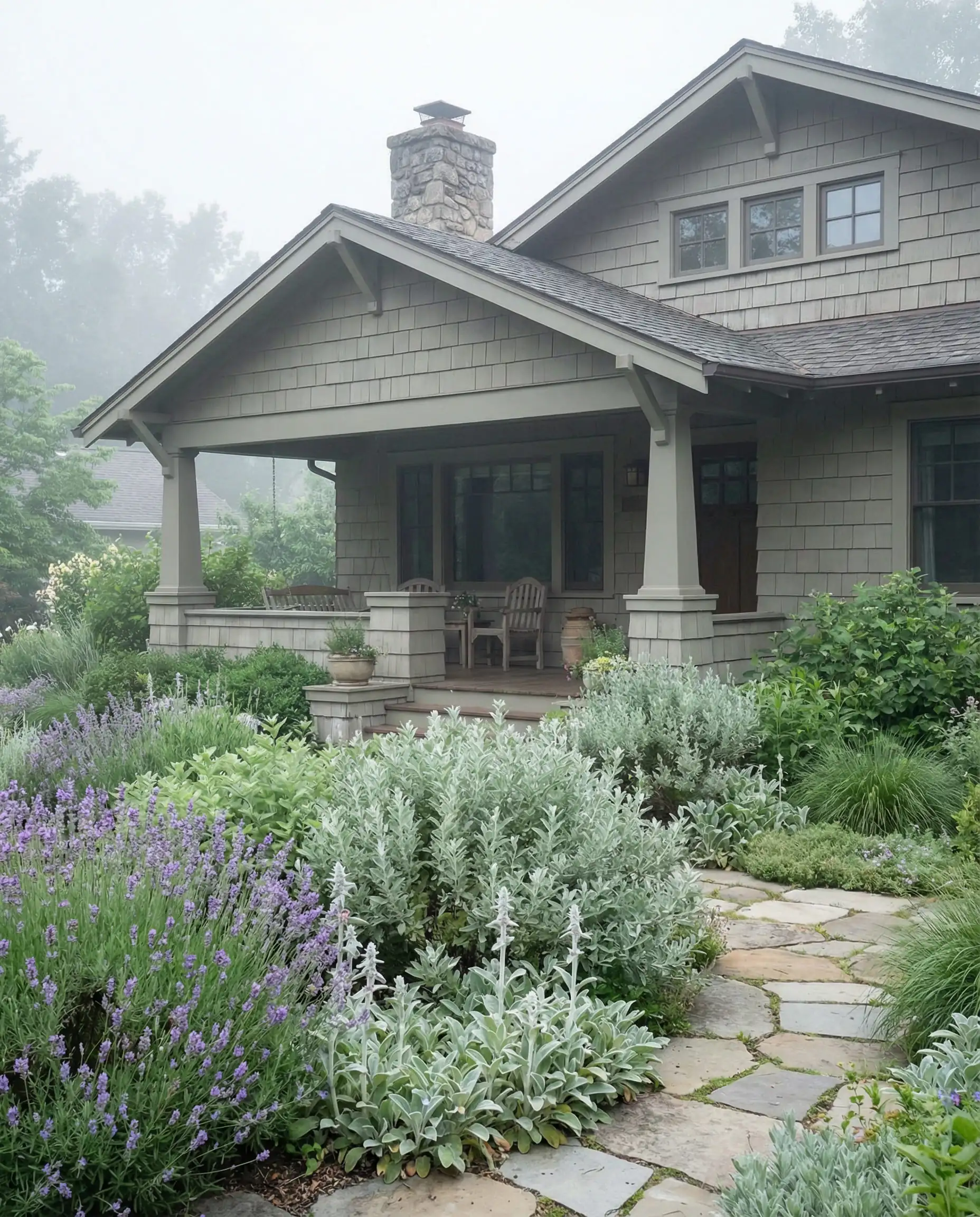 Craftsman Bungalow painted in Sherwin-Williams Evergreen Fog (SW 9130) with sage garden.