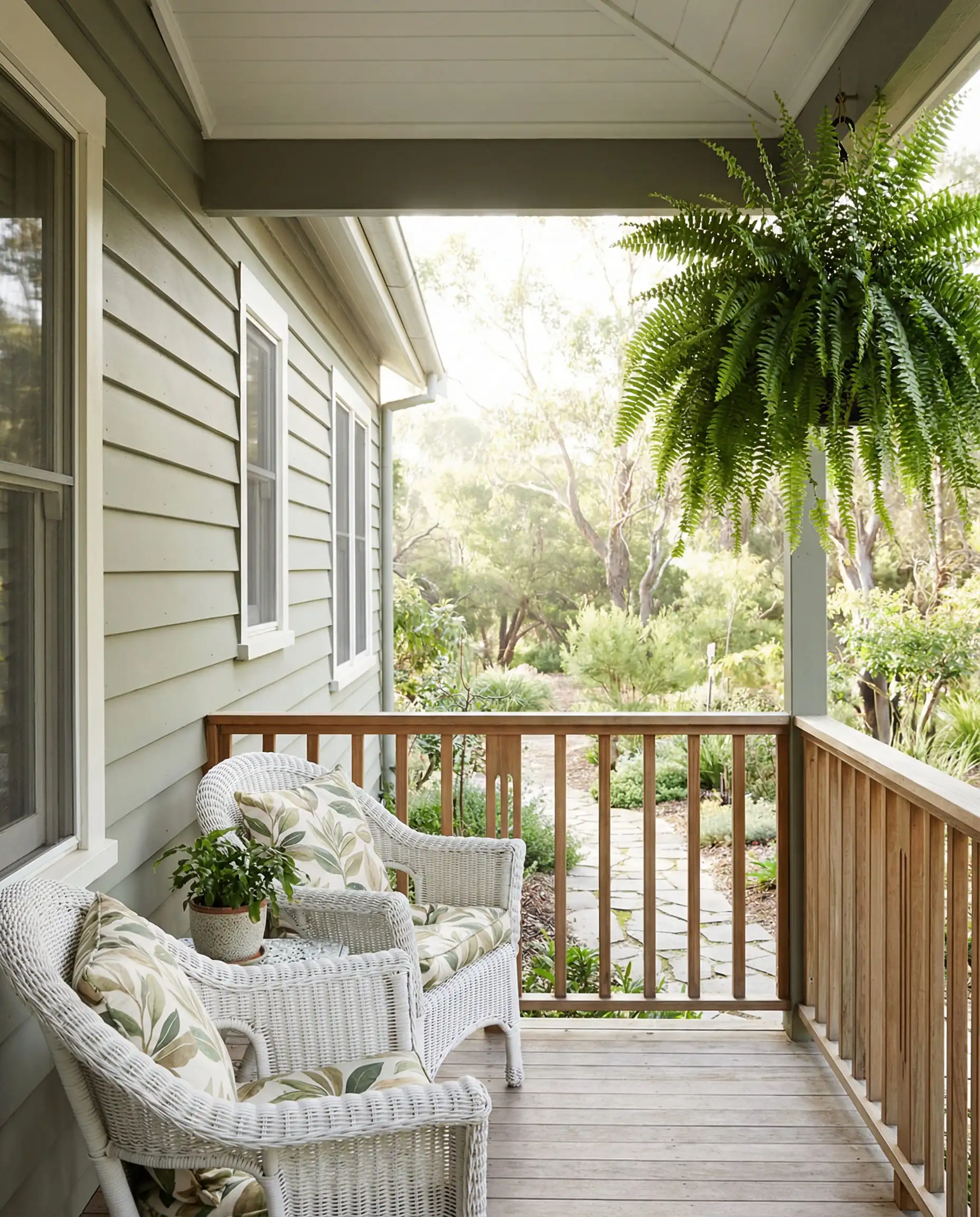 Front porch view with walls painted Sherwin-Williams Evergreen Fog and white wicker furniture.
