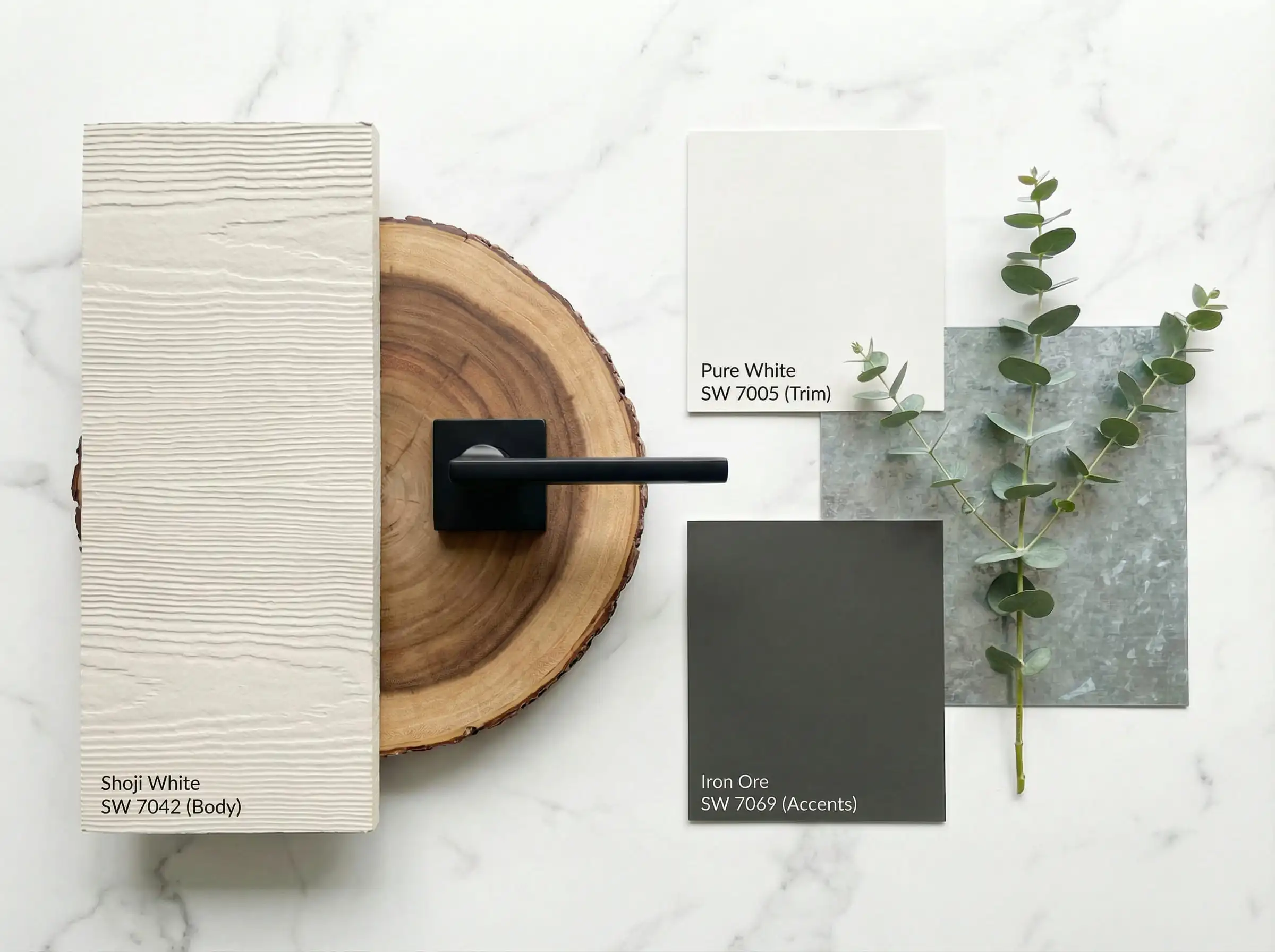 Flat-lay design board for Modern Farmhouse 2.0 palette: Shoji White, Pure White, Iron Ore.