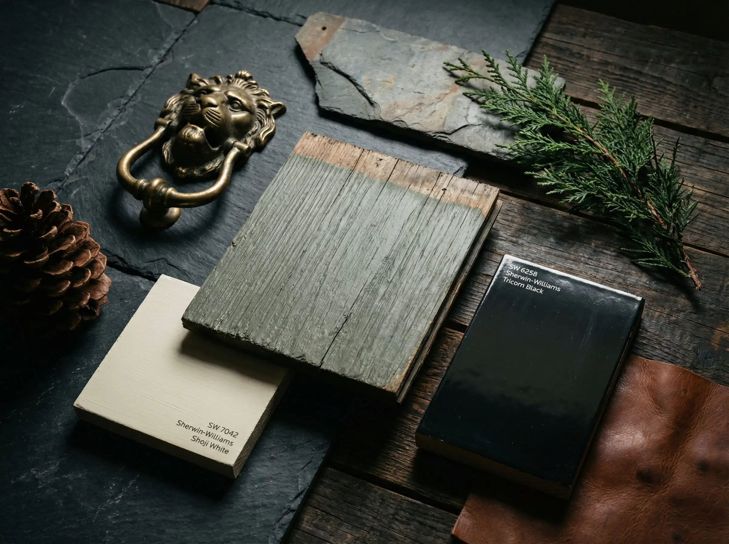 Material palette for Moody Cottage exterior: Pewter Green, Shoji White, Tricorn Black.
