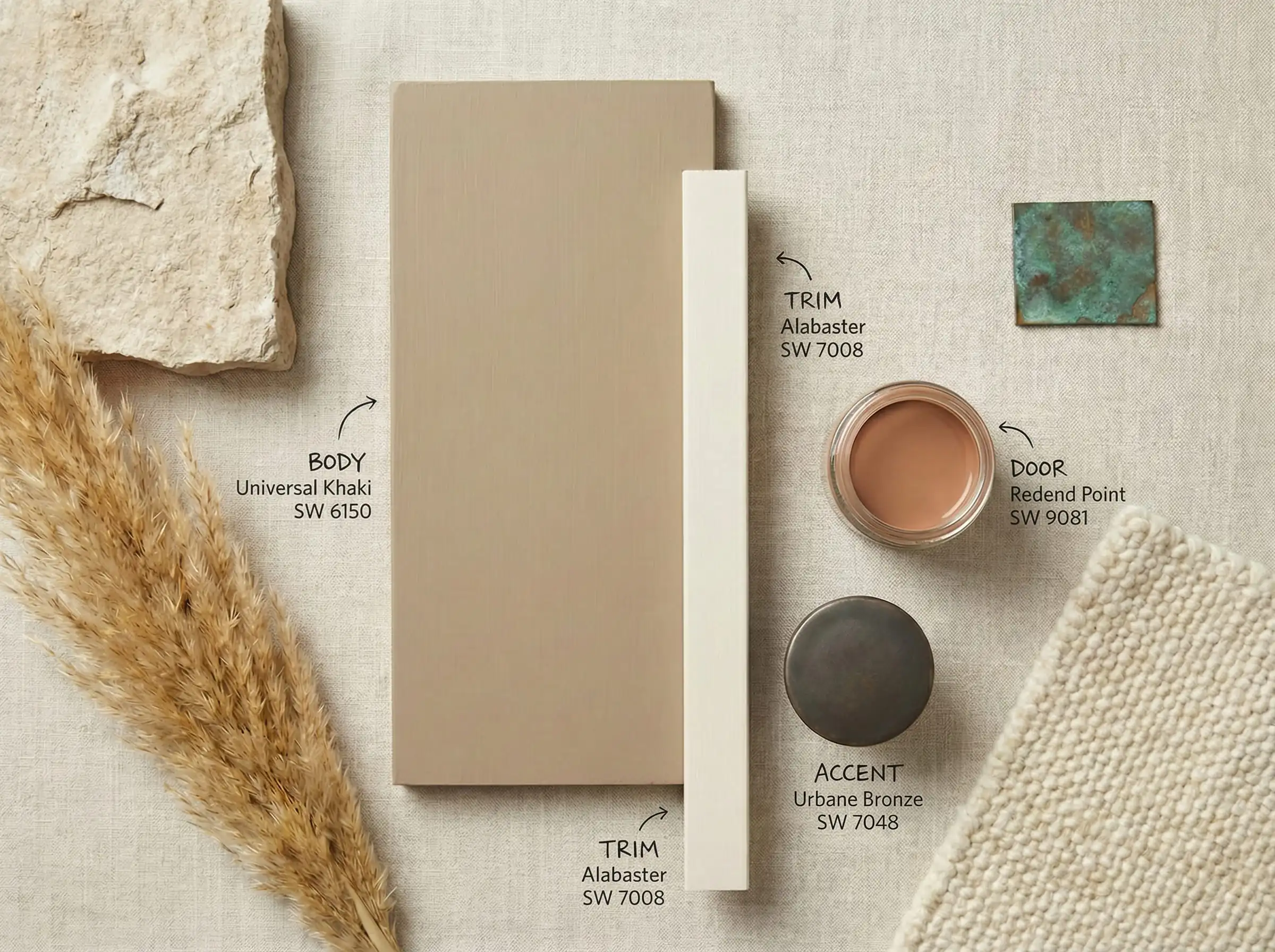 Flat-lay mood board for Organic Modern exterior palette: Universal Khaki, Alabaster, Urbane Bronze.