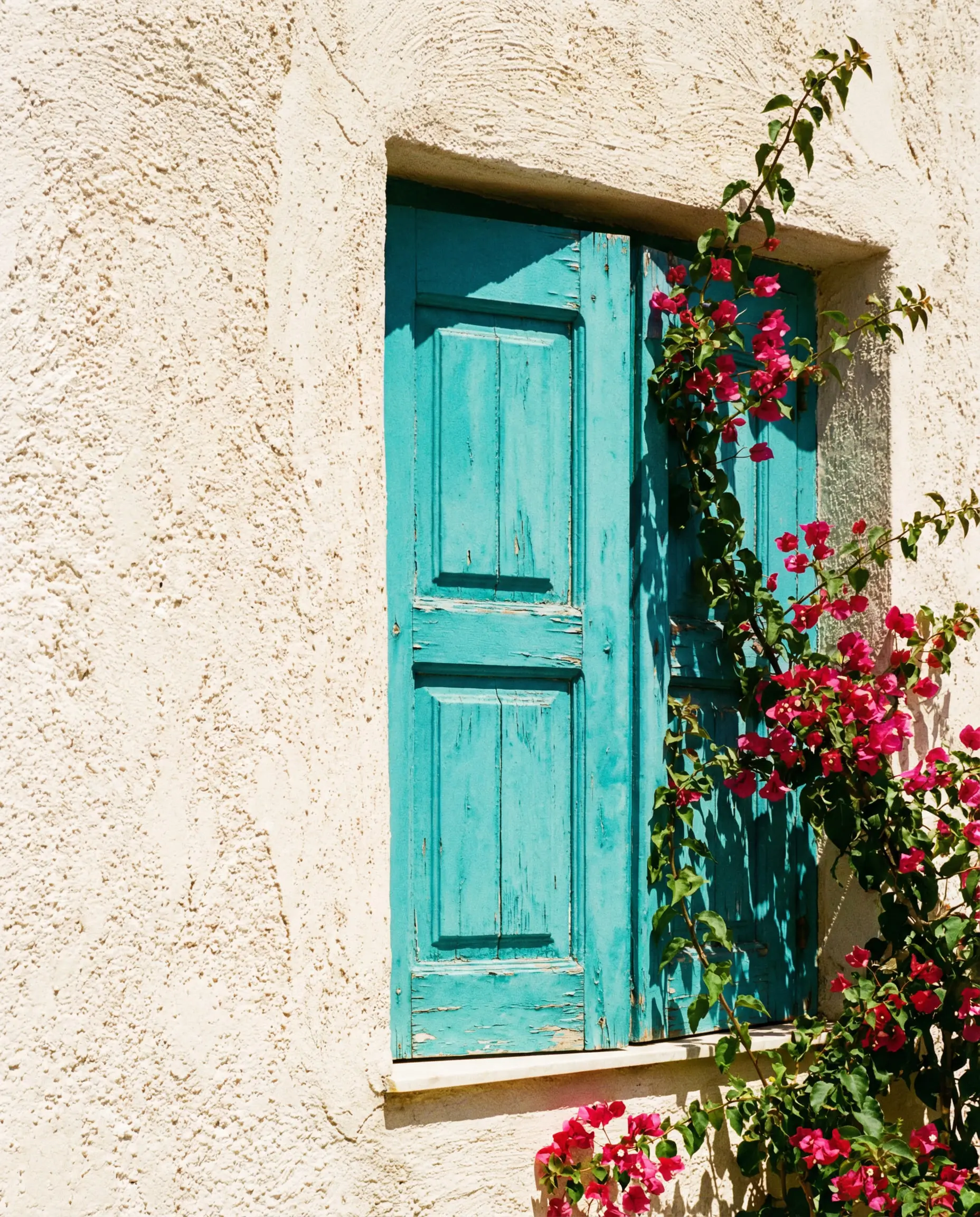 Sherwin-Williams Greek Villa stucco siding paired with a light blue shutter.