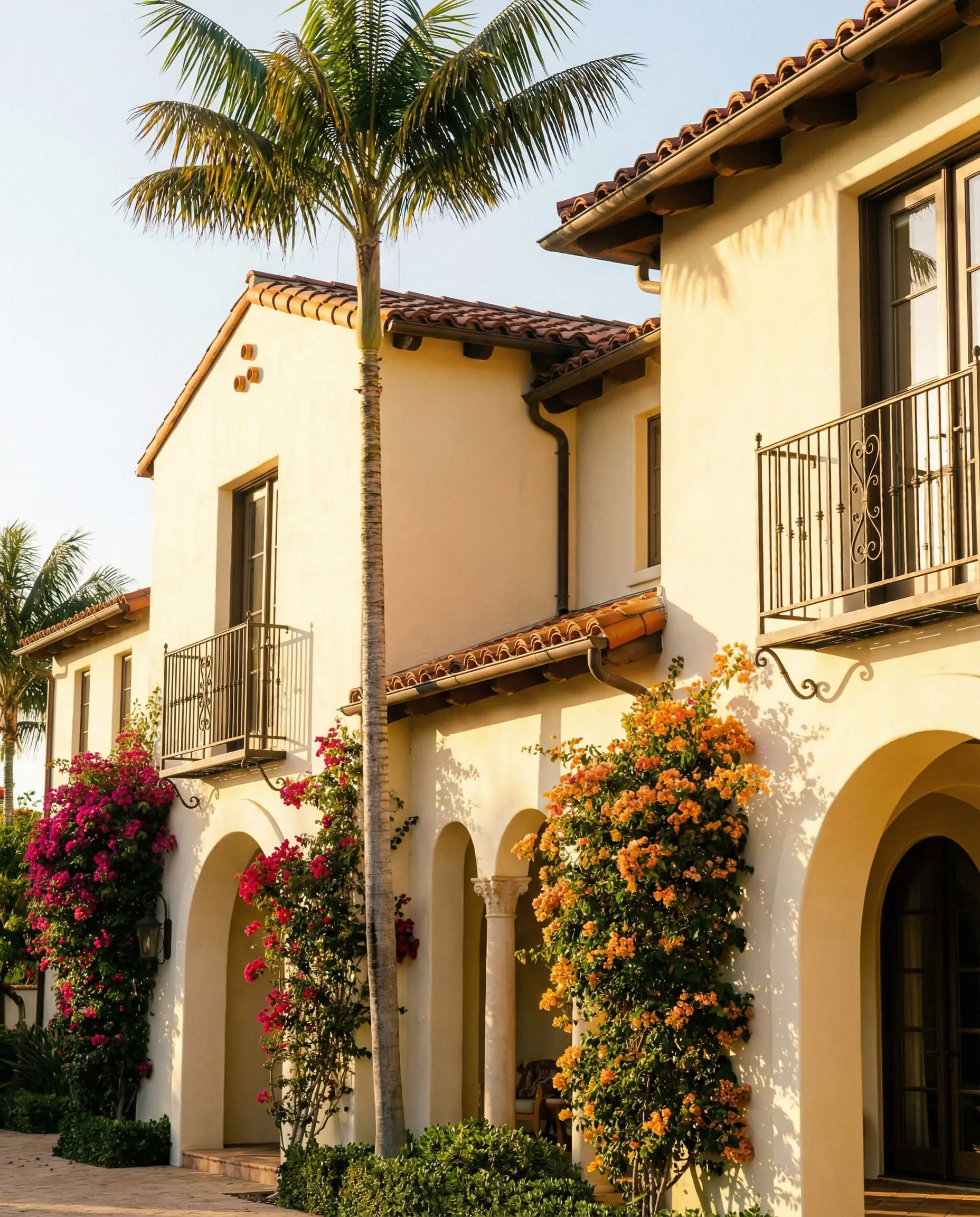 Mediterranean Revival home painted in Sherwin-Williams Greek Villa (SW 7551) with terracotta roof.