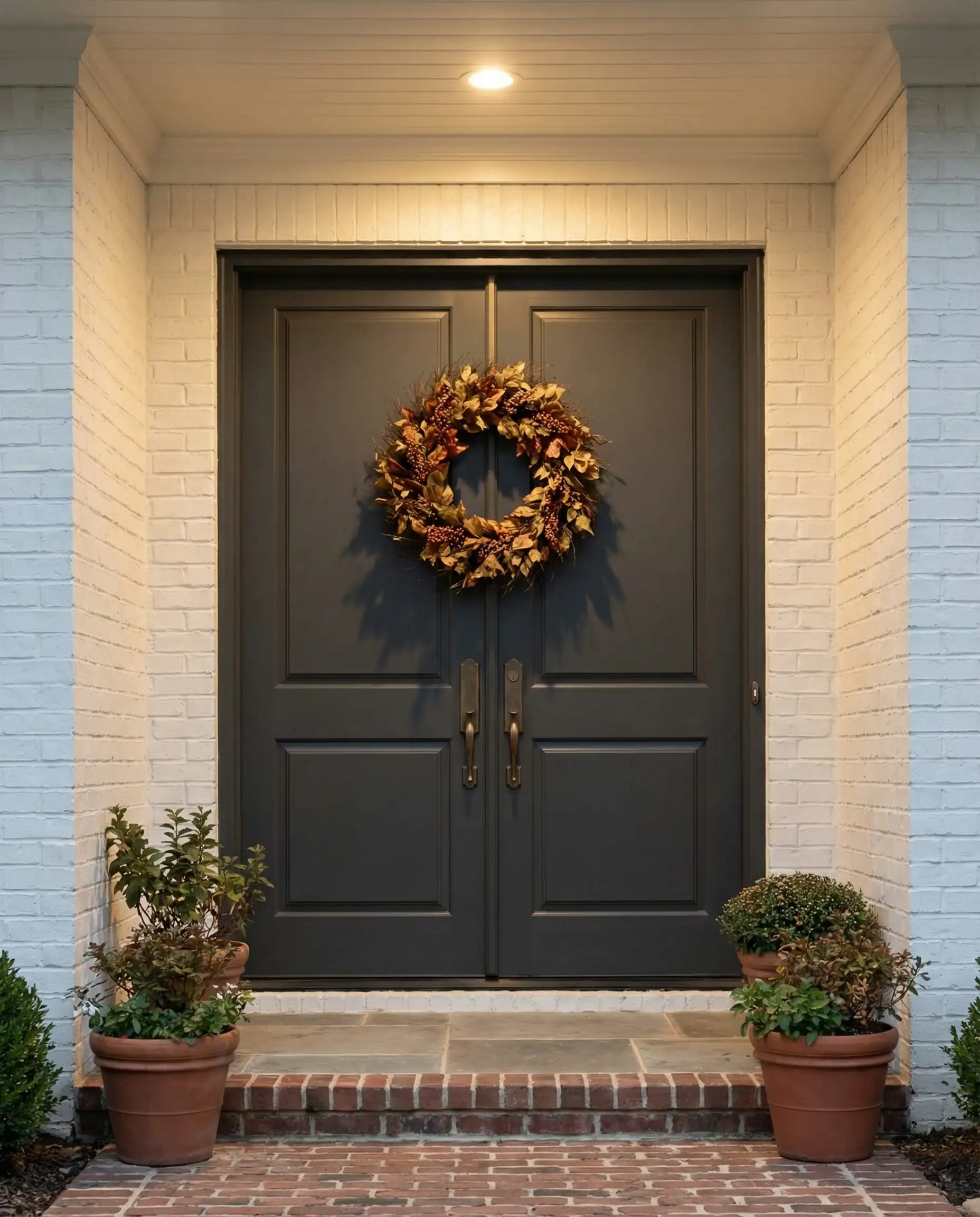 Grand double entry door painted in Sherwin-Williams Iron Ore on a white brick house.
