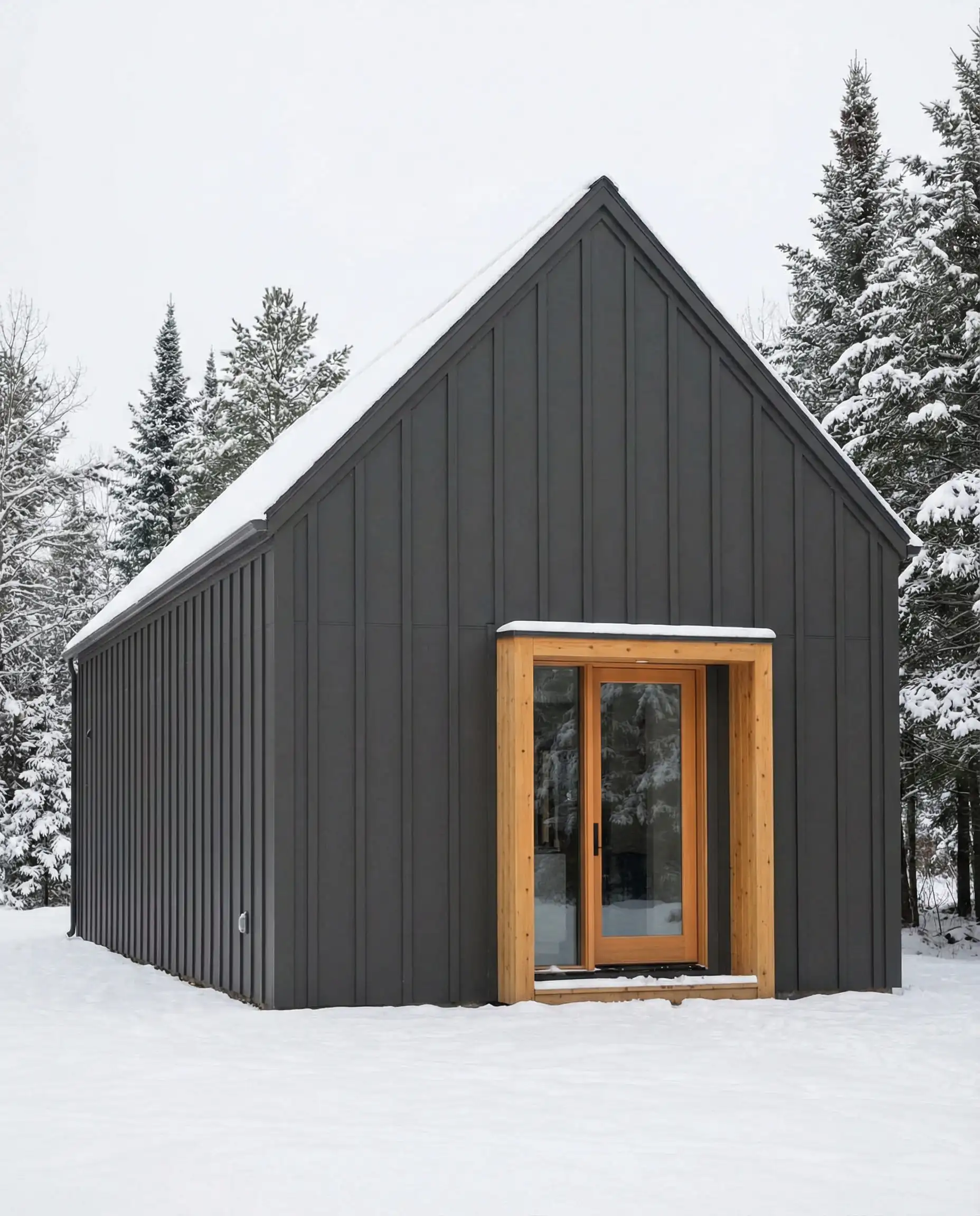 Minimalist Scandinavian barn house painted in Sherwin-Williams Iron Ore (SW 7069) in snow.
