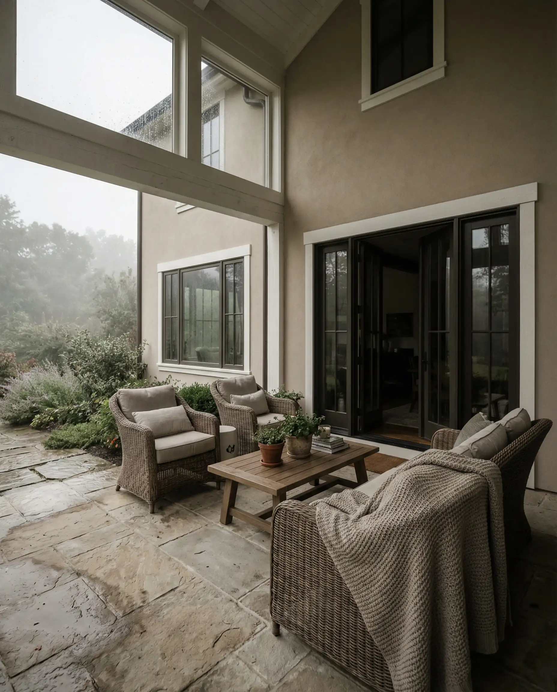 Covered back porch walls painted in Sherwin-Williams Natural Linen showing color stability in the shade.