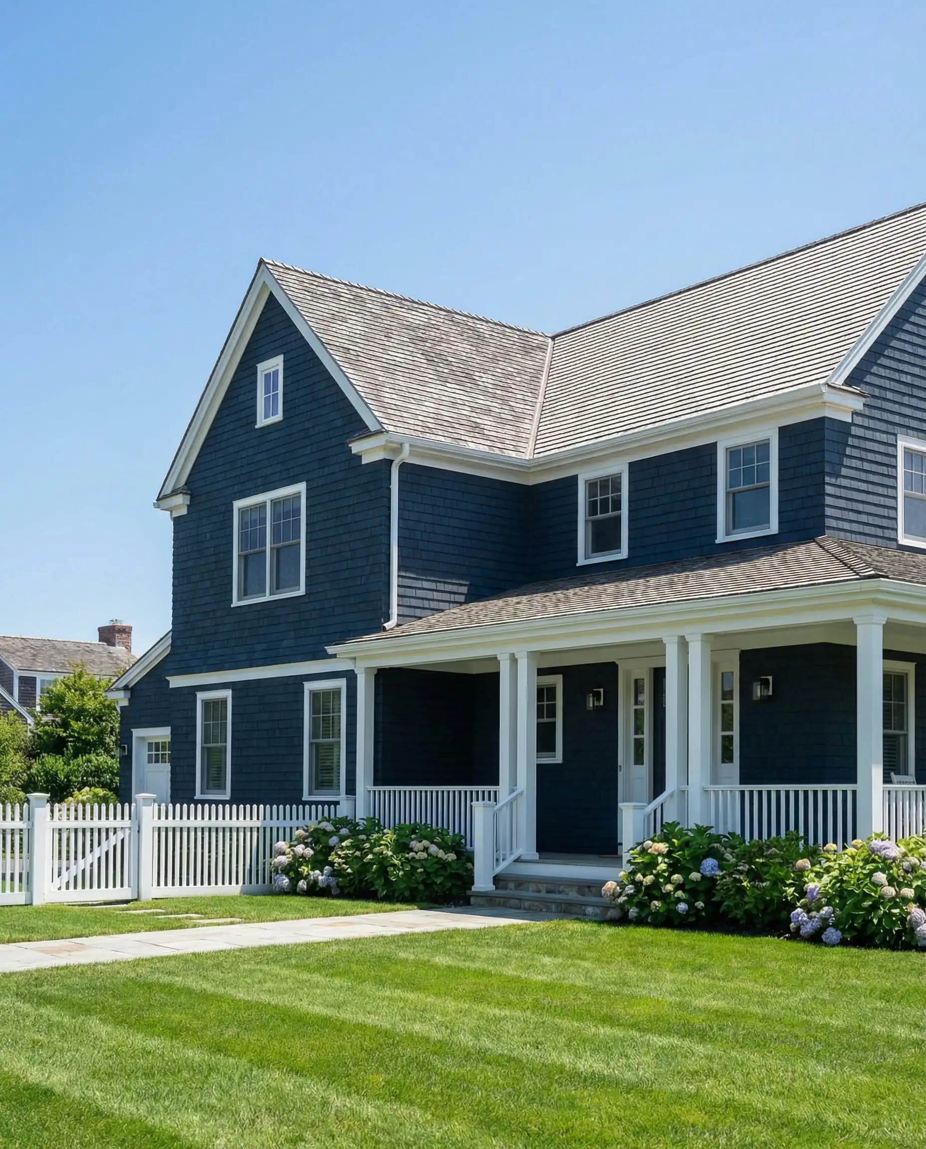 Classic coastal home in the Hamptons painted in Sherwin-Williams Naval (SW 6244).
