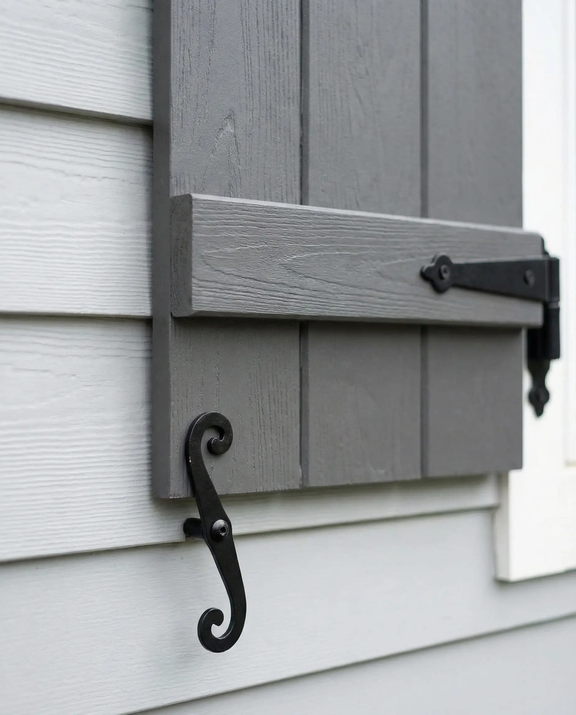 Functional wood shutter painted in Sherwin-Williams Peppercorn on a light gray house.