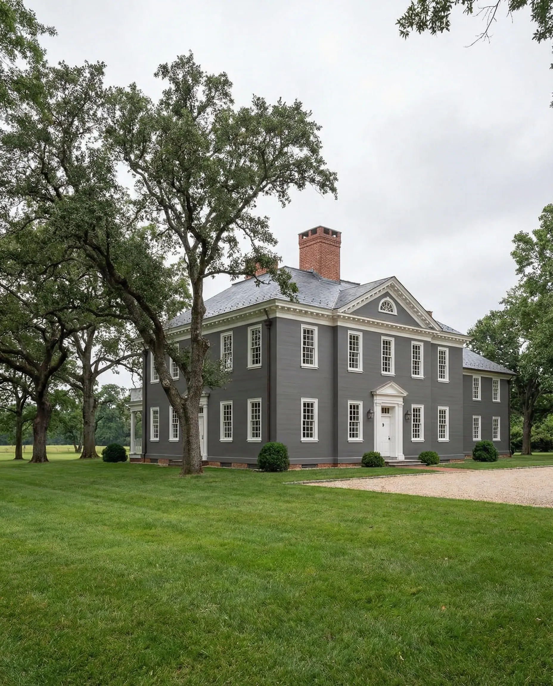 Stately traditional estate home painted in Sherwin-Williams Peppercorn (SW 7674).