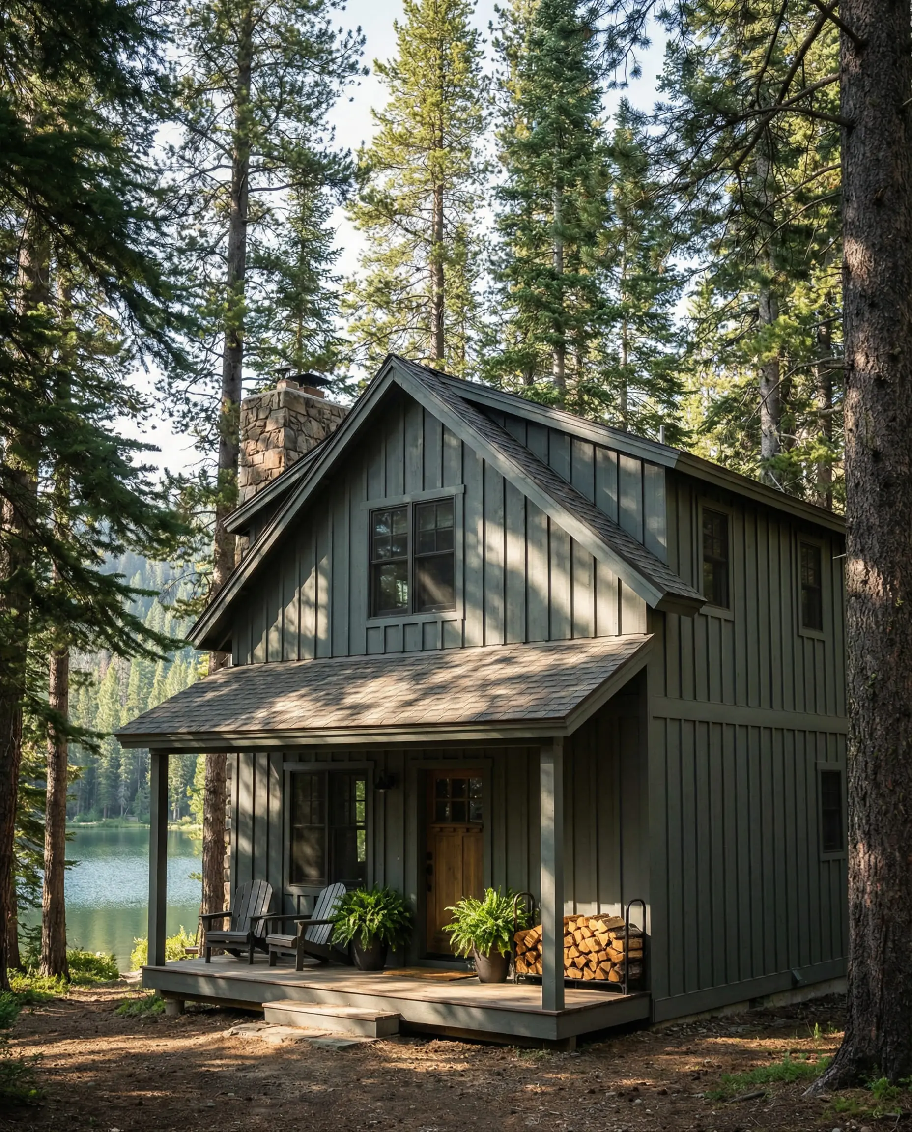 Lake house exterior painted in Sherwin-Williams Pewter Green (SW 6208) in a pine forest.