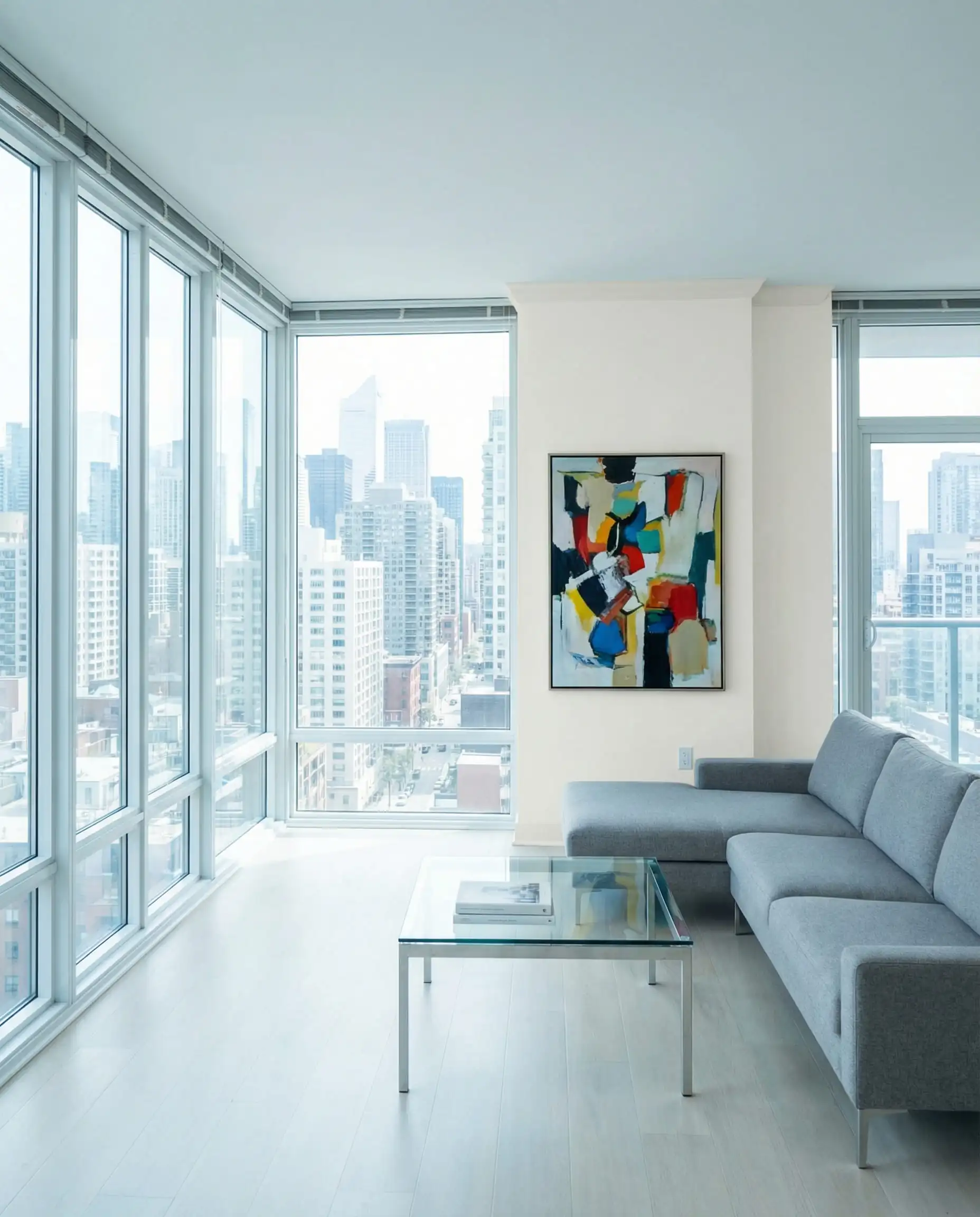 Contemporary city condo living room with walls and trim painted in Sherwin-Williams Pure White.