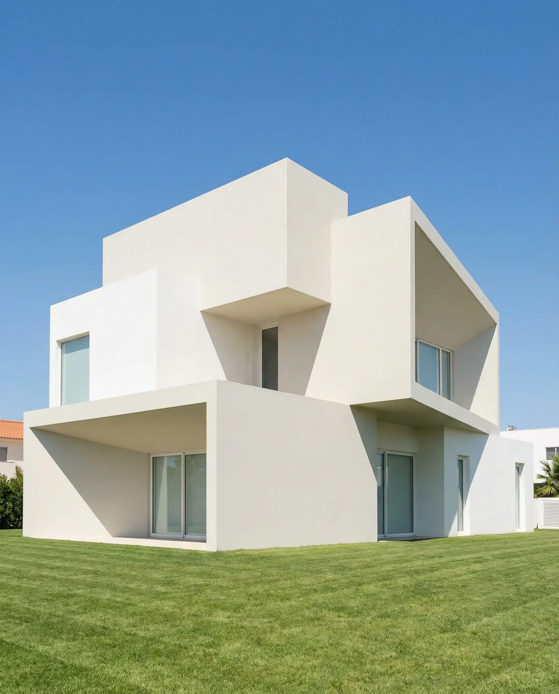 Bauhaus-inspired geometric home painted in Sherwin-Williams Pure White (SW 7005).