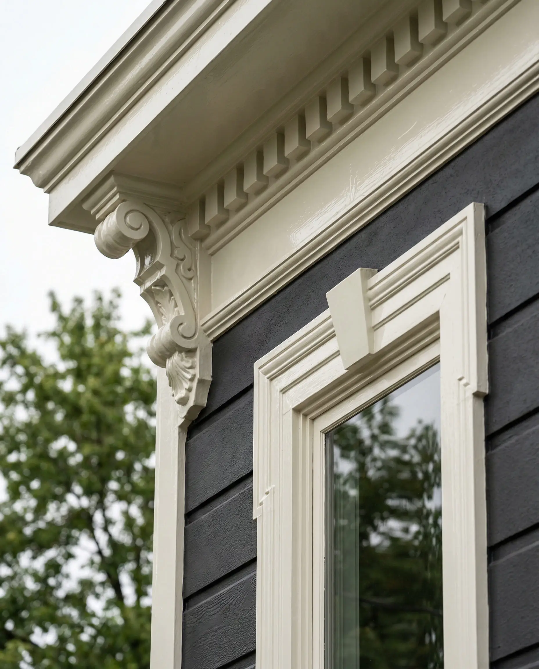 Intricate Victorian exterior trim craftsmanship painted in Sherwin-Williams Pure White.