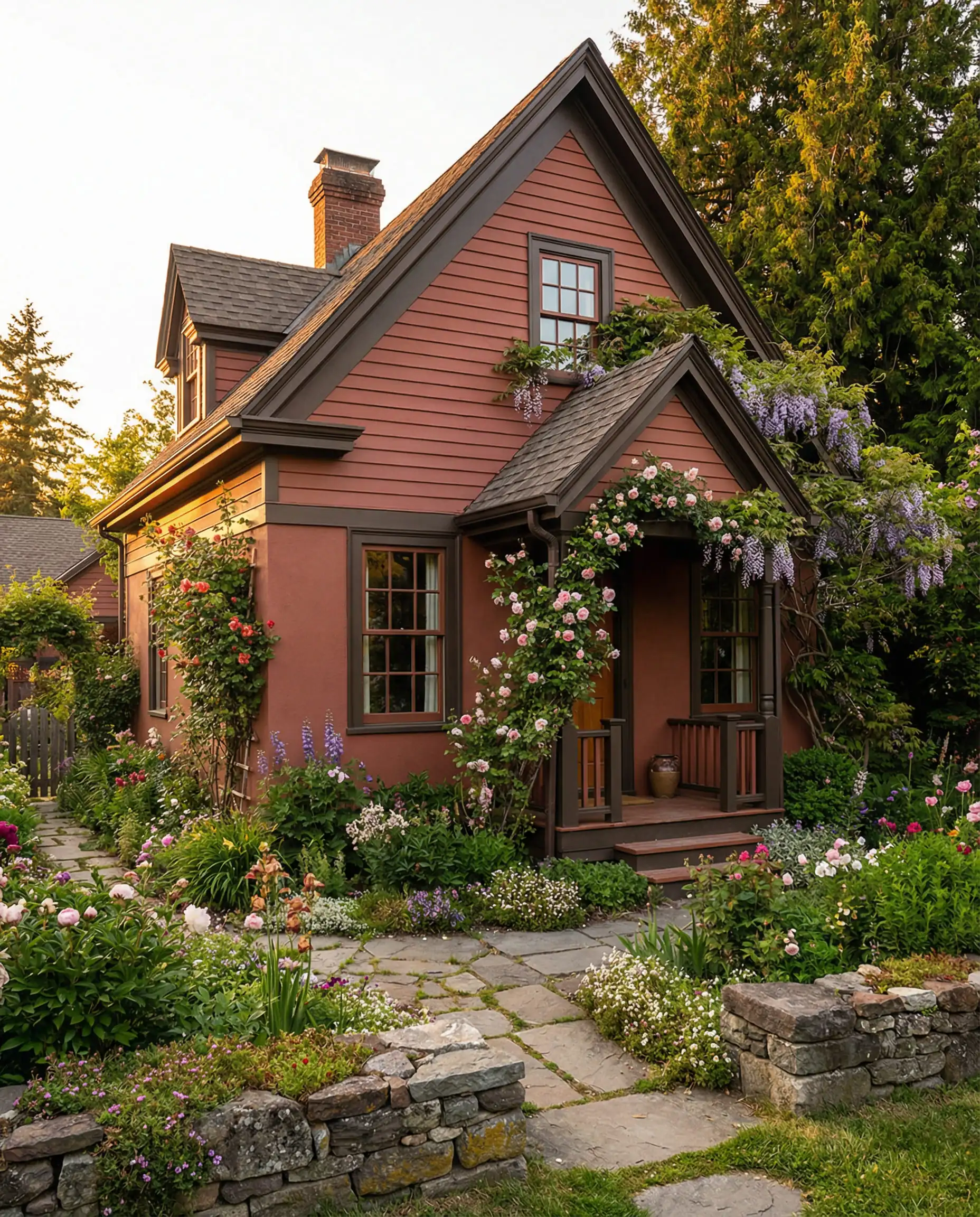 Historic cottage exterior painted entirely in Sherwin-Williams Reddened Earth (SW 6053) with bronze trim.