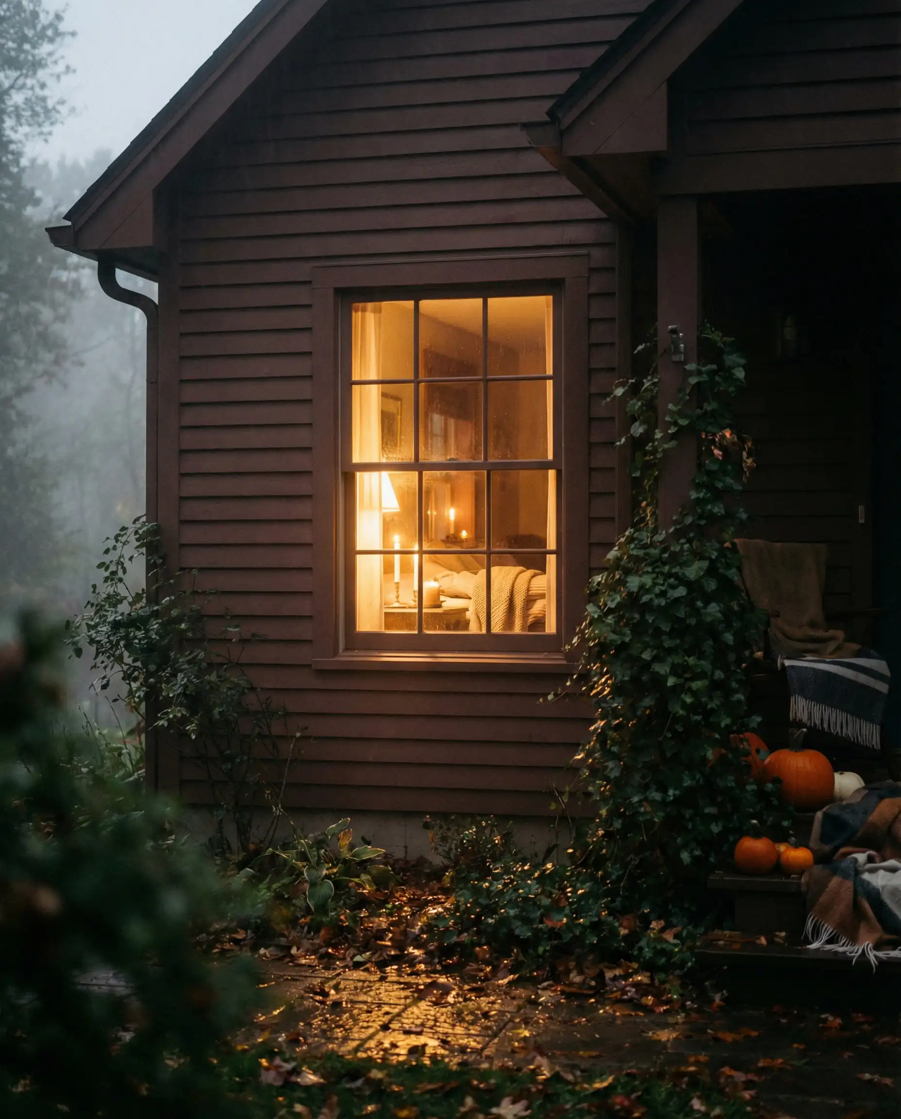 Side view of a home painted in Sherwin-Williams Reddened Earth glowing warmly in evening light.
