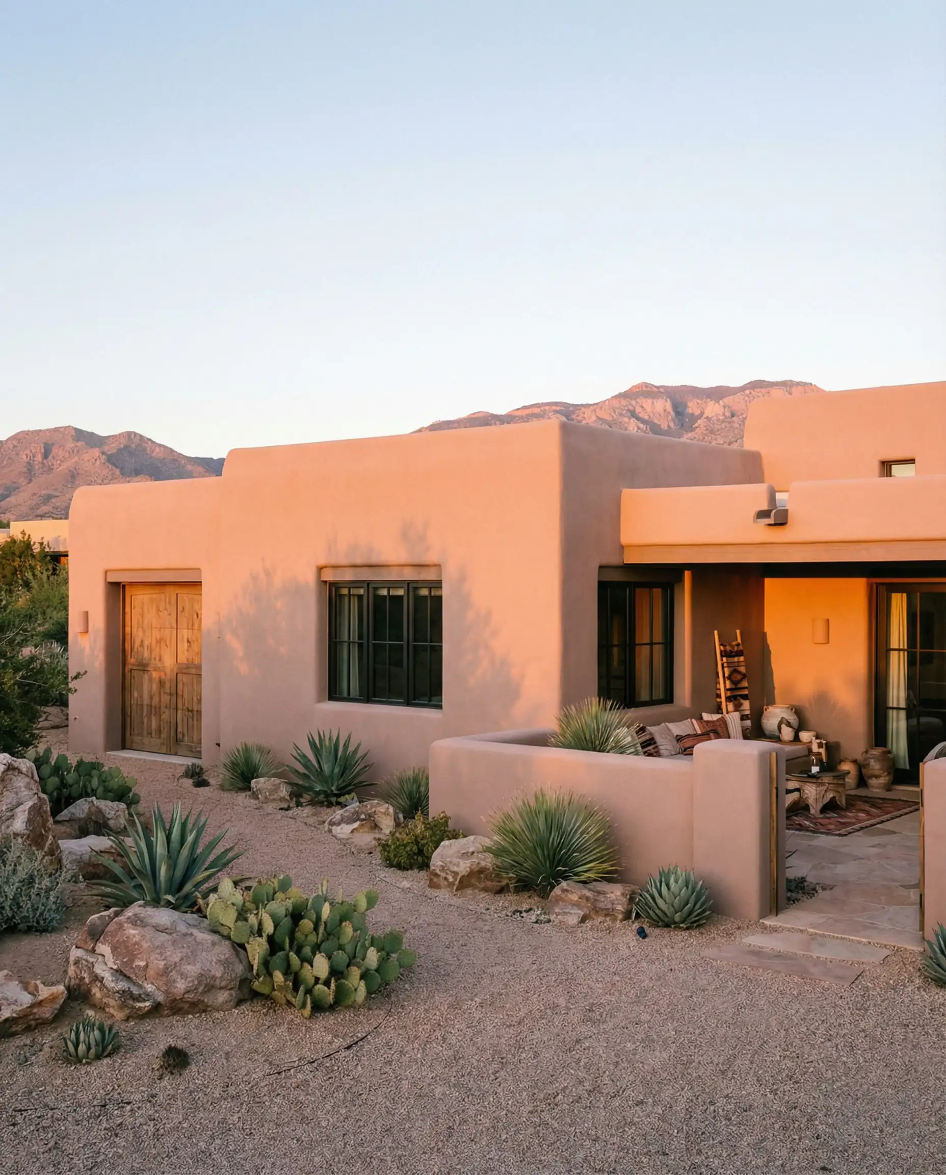 Contemporary Southwest modern home exterior painted in Sherwin-Williams Redend Point (SW 9081) at sunset.