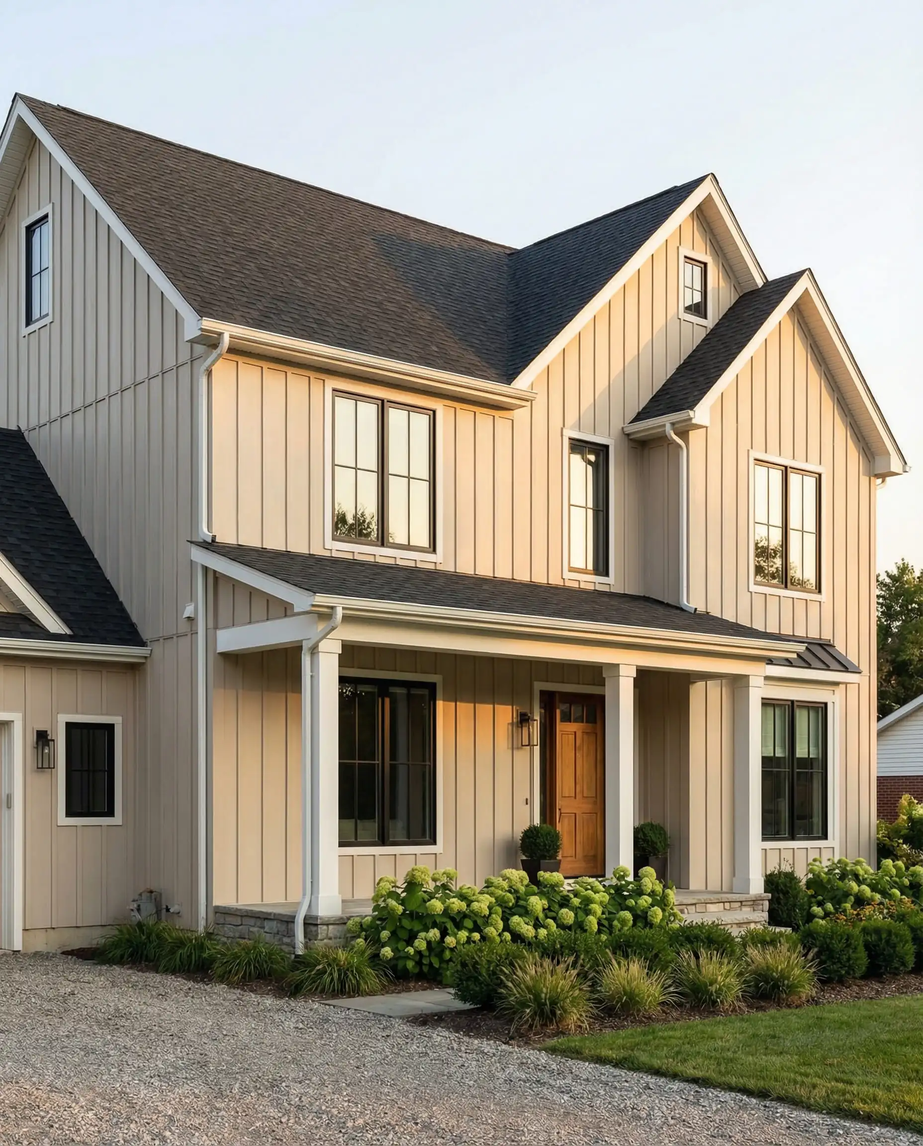 Modern farmhouse exterior with siding painted in Sherwin-Williams Shoji White featuring black window frames.