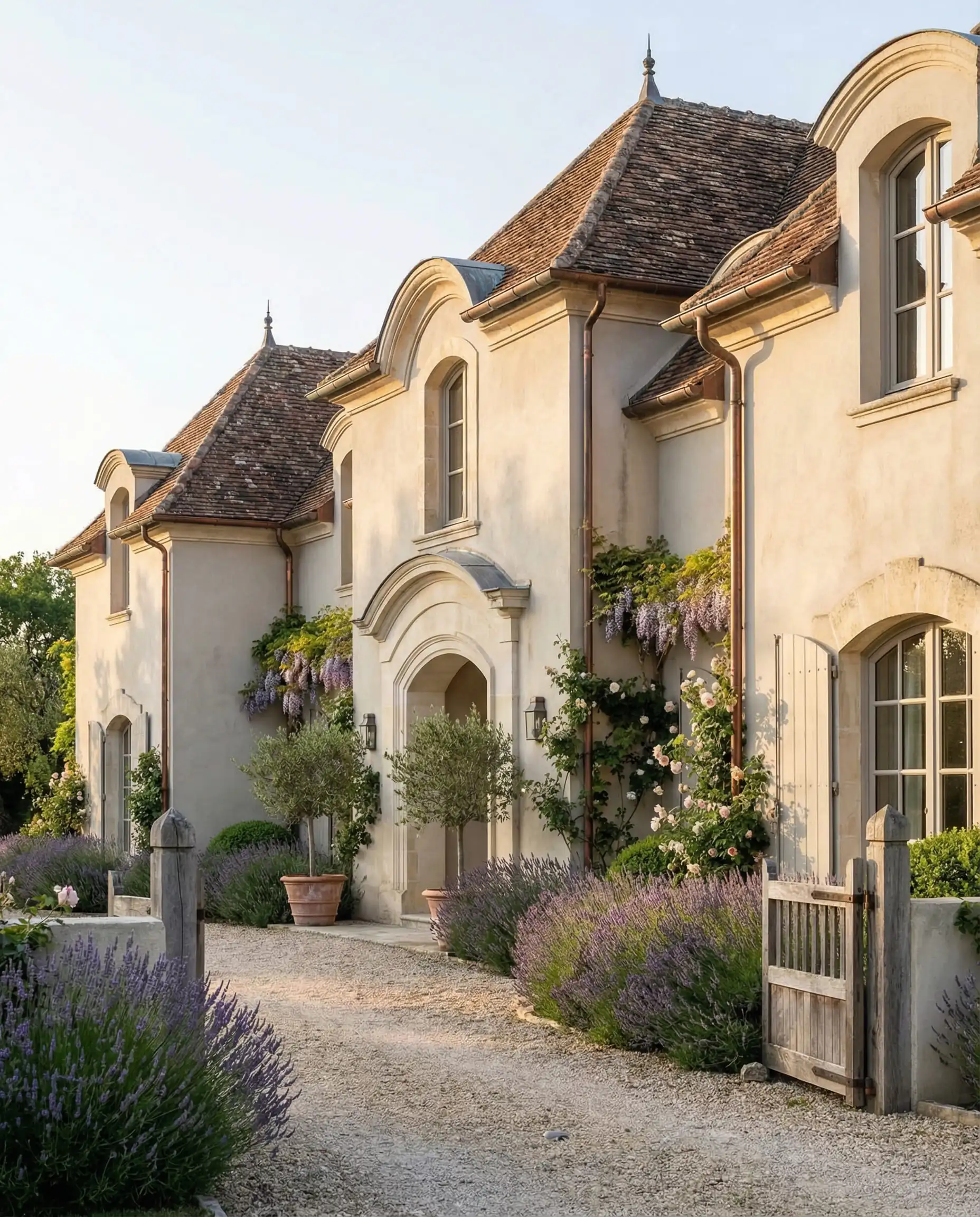 French Country style home with stucco walls painted in Sherwin-Williams Shoji White (SW 7042).