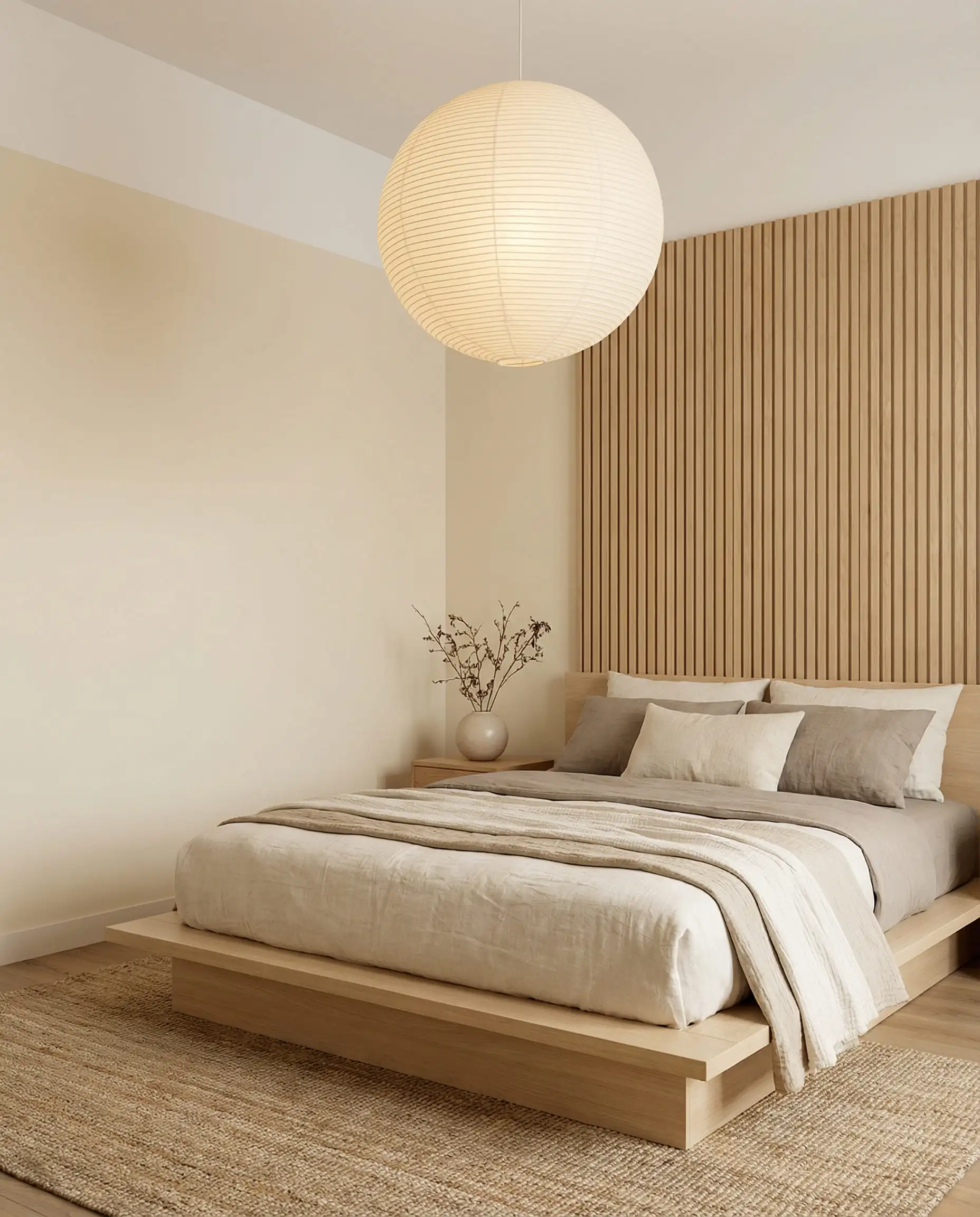 Minimalist Japandi bedroom with Sherwin-Williams Shoji White walls, low platform bed, and paper lantern.