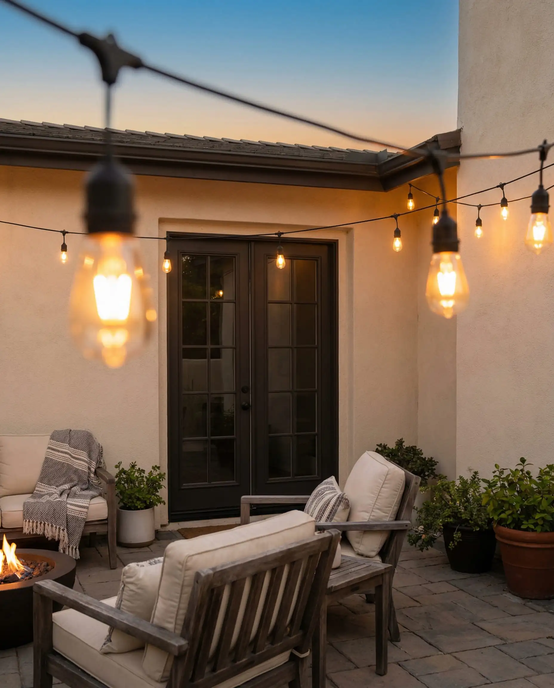 Back patio with Sherwin-Williams Shoji White walls reflecting warm cafe lights at dusk.