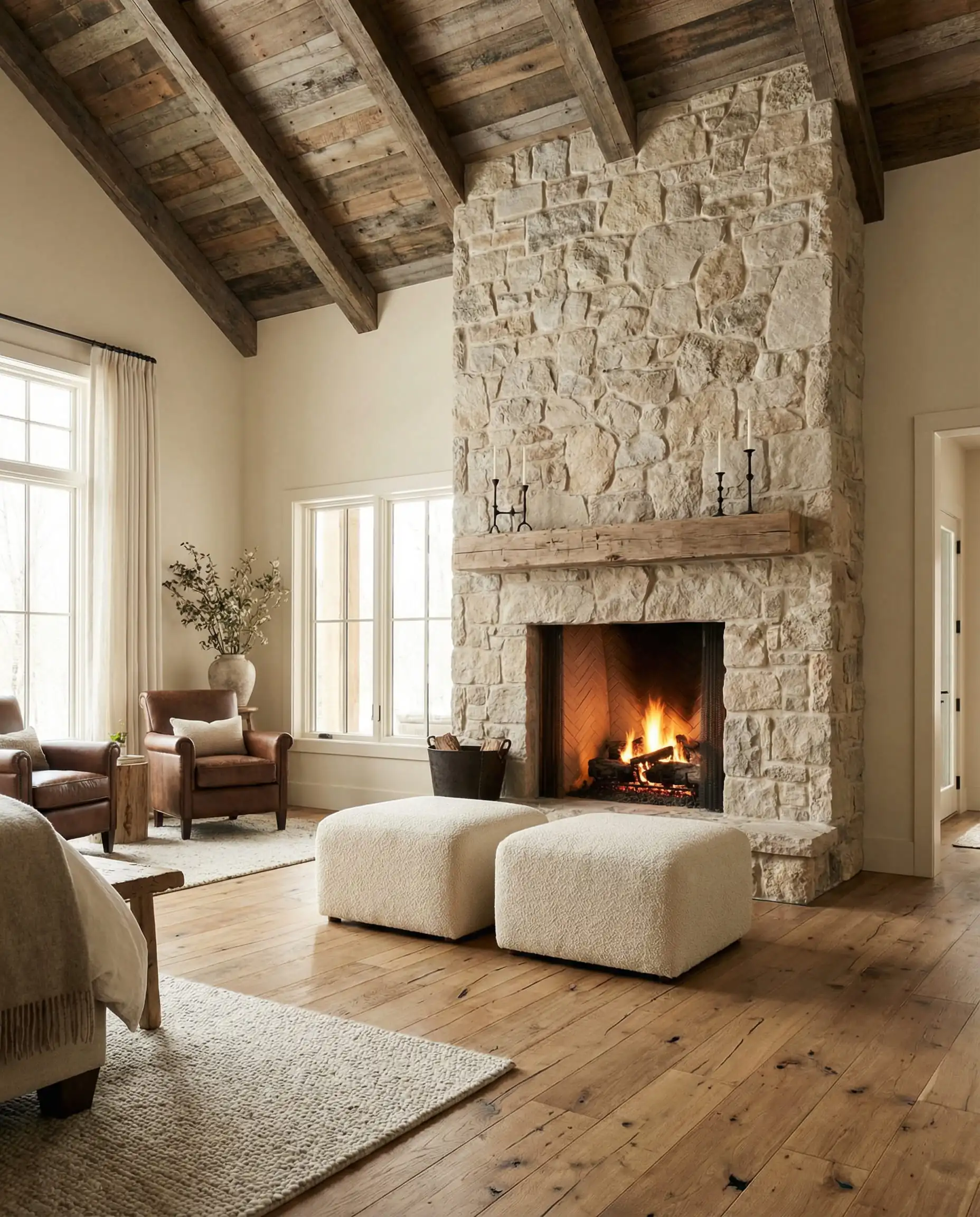 Rustic luxe living room with rough-cut stone fireplace and walls painted in Sherwin-Williams Shoji White.