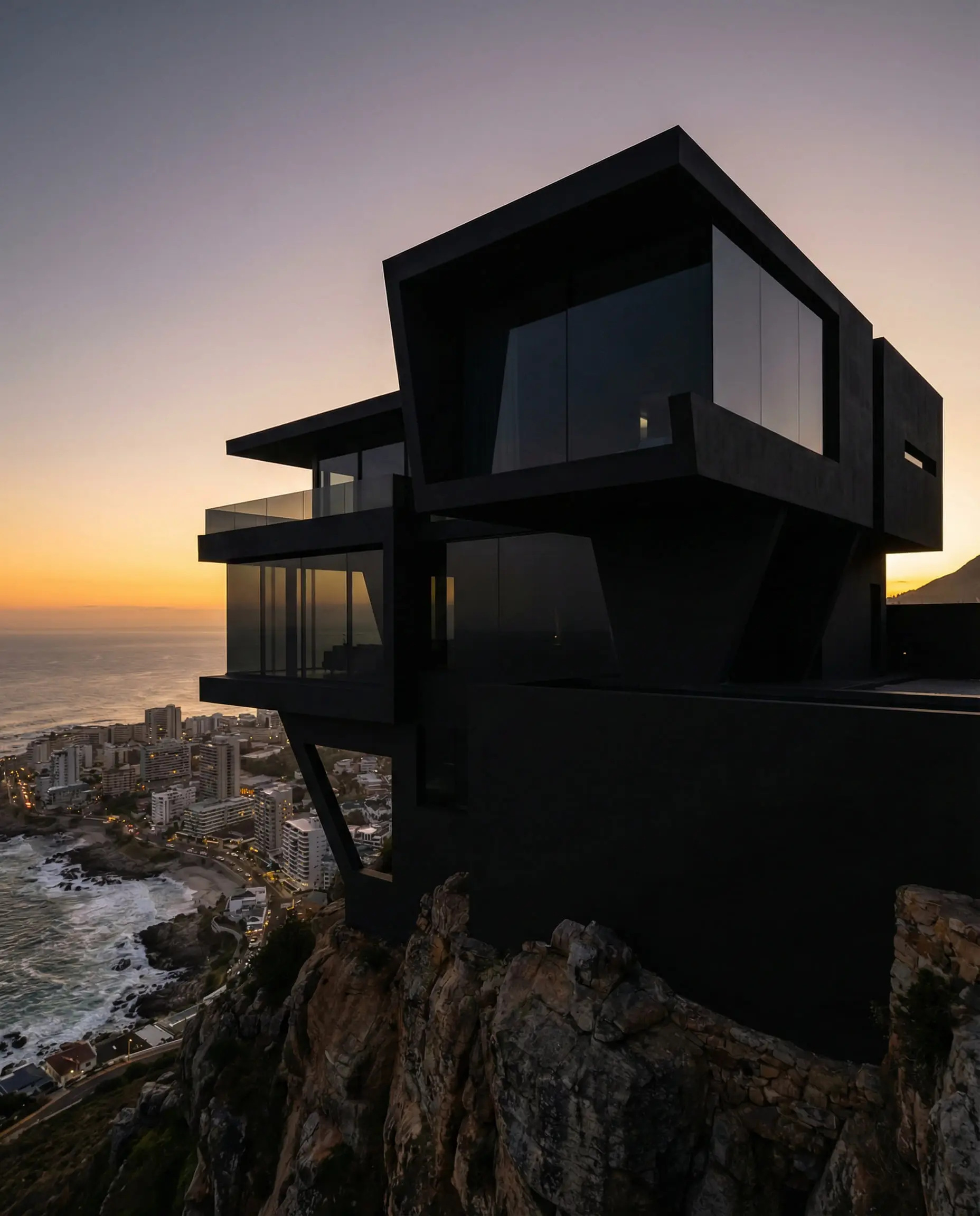 Hyper-modern architectural home painted entirely in Sherwin-Williams Tricorn Black (SW 6258).