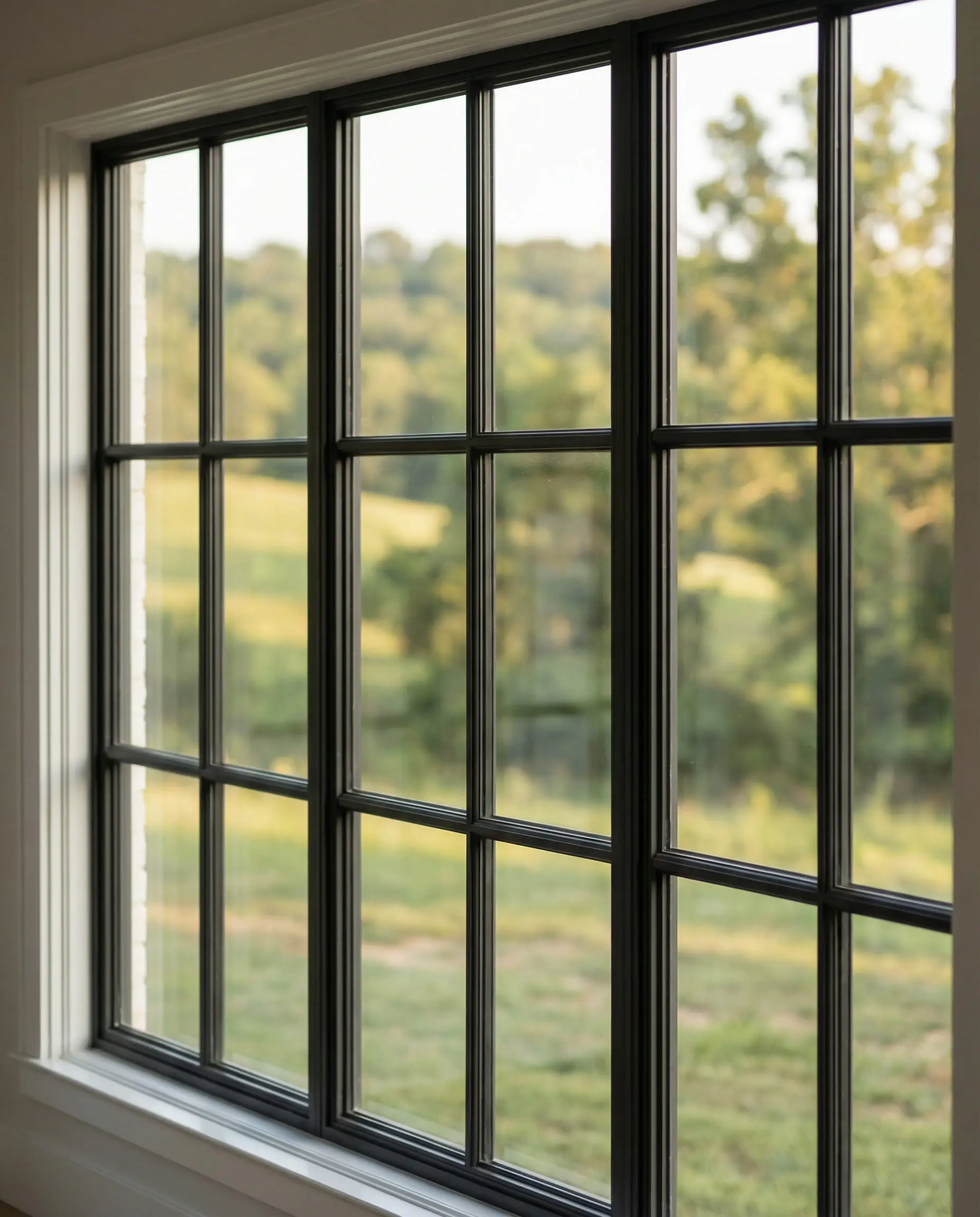 Close-up of black window grids painted in Sherwin-Williams Tricorn Black on a white farmhouse.