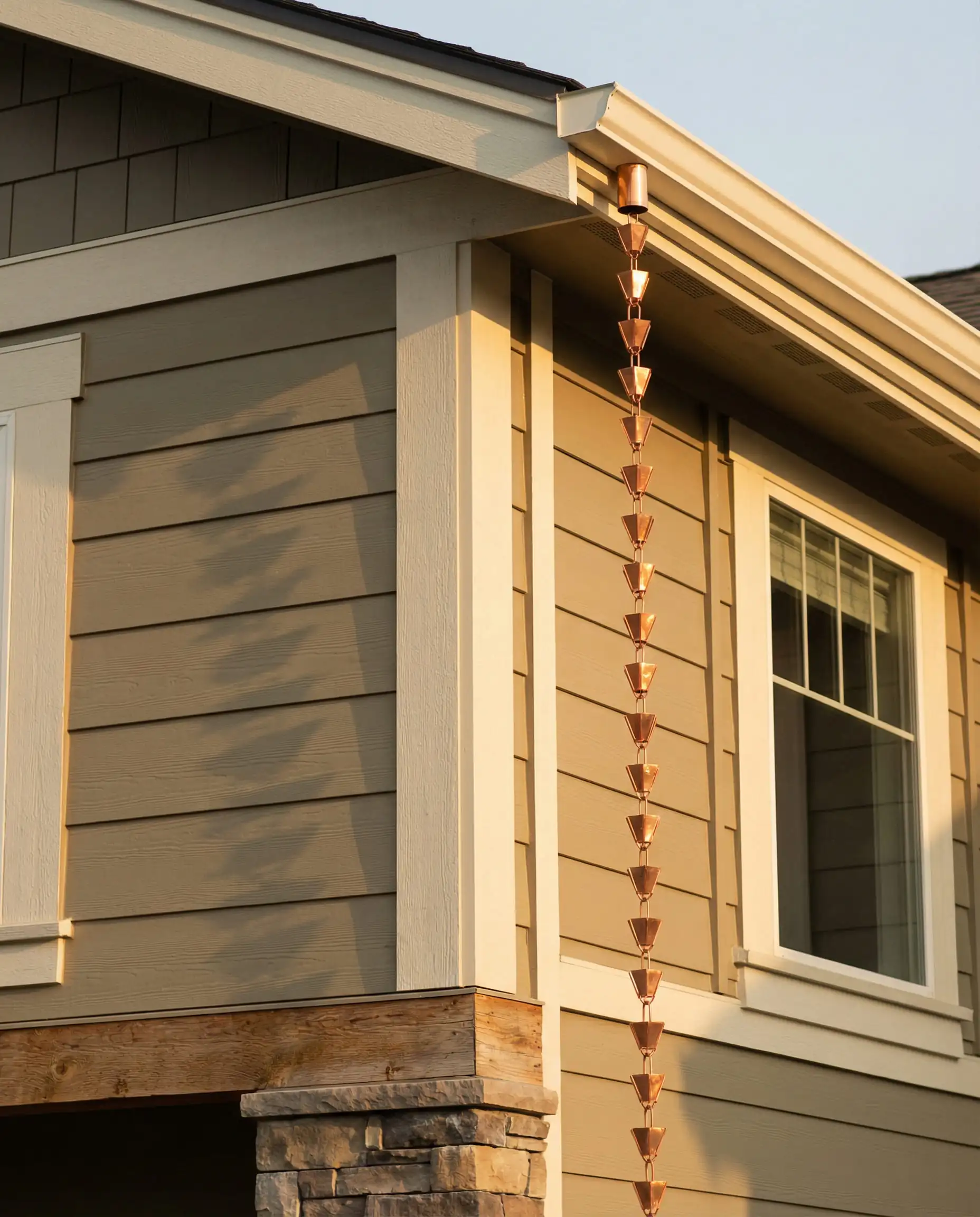 Detail shot of Sherwin-Williams Universal Khaki siding paired with Alabaster trim and a copper rain chain.