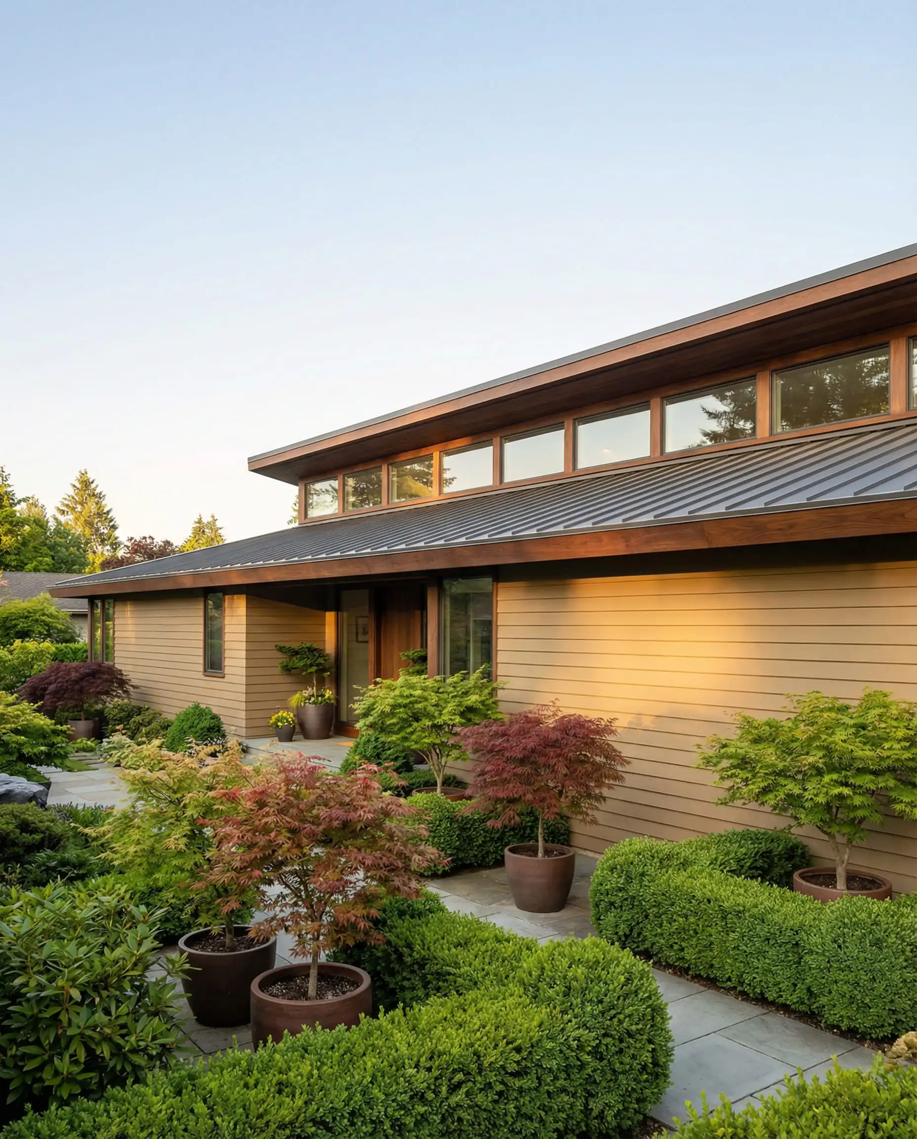 Mid-century modern home exterior painted in Sherwin-Williams Universal Khaki (SW 6150) with walnut wood accents.