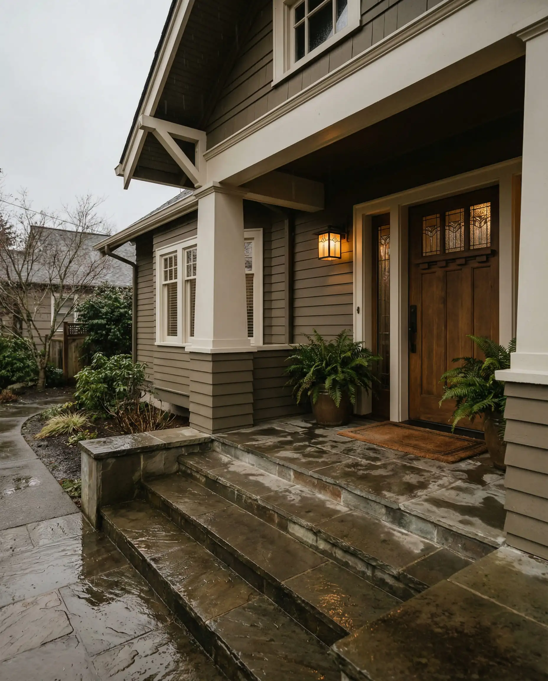 Craftsman home entryway painted in Sherwin-Williams Universal Khaki seen in cloudy overcast lighting conditions.