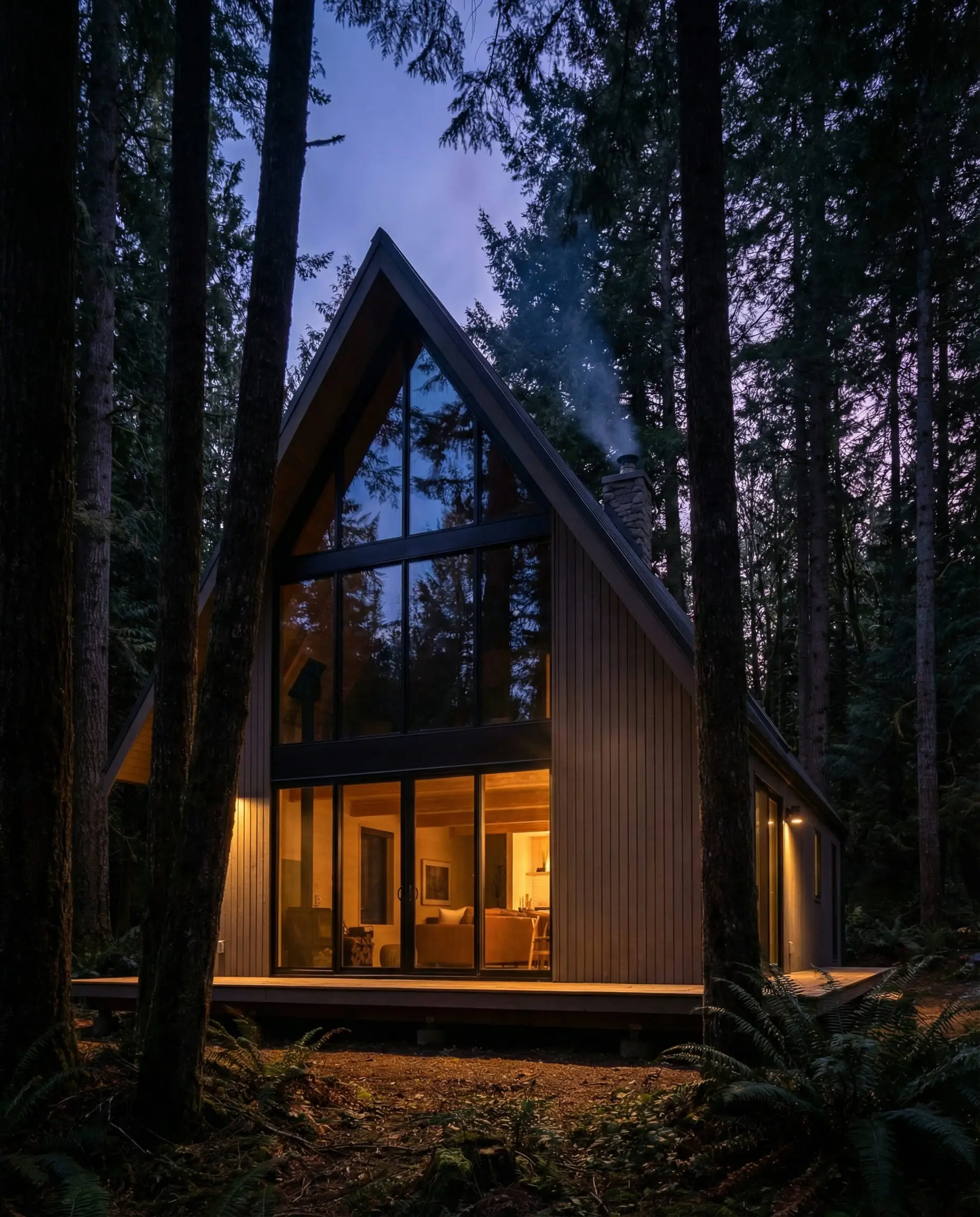 A-Frame cabin in the forest painted entirely in Sherwin-Williams Urbane Bronze (SW 7048).