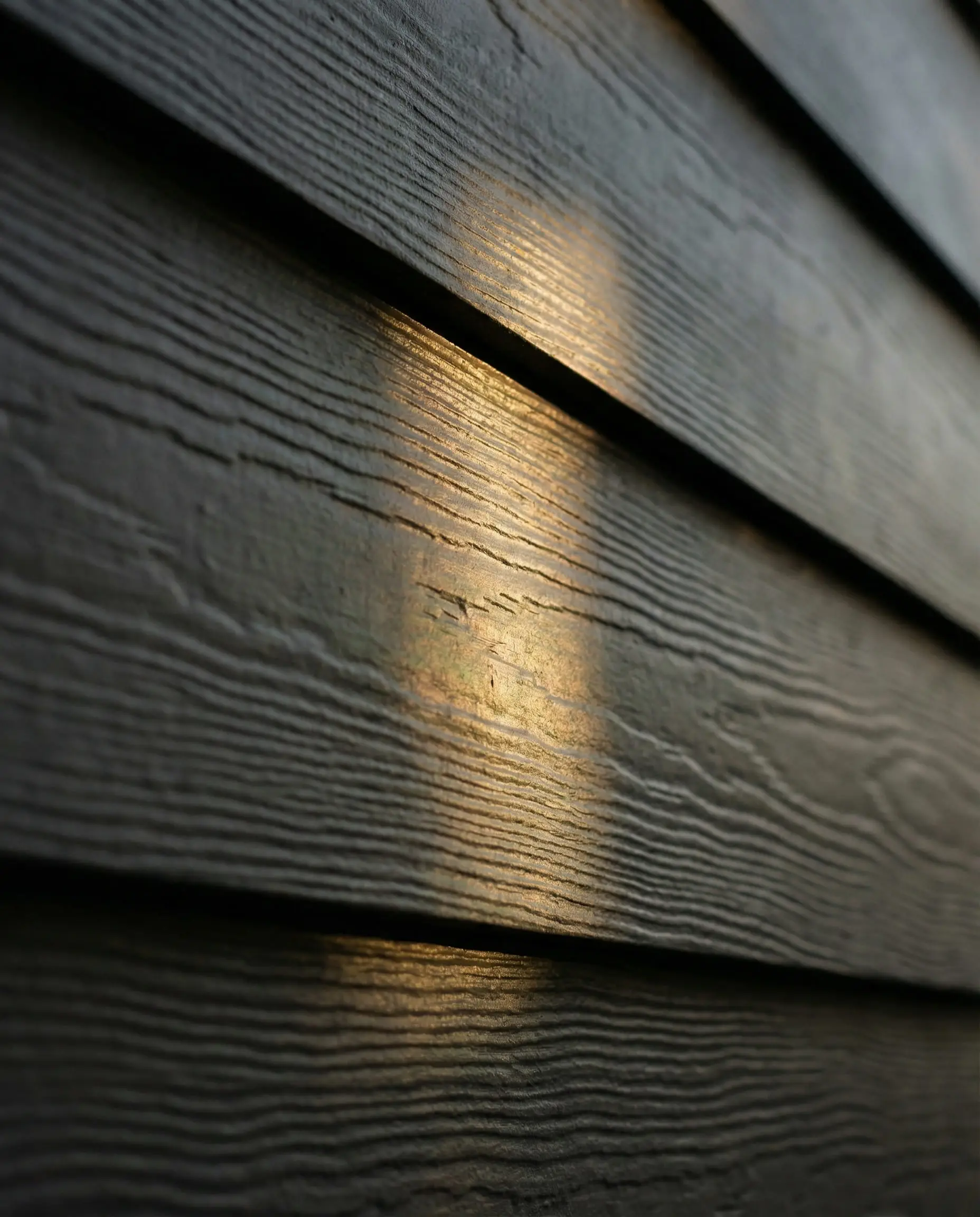 Close-up of Sherwin-Williams Urbane Bronze siding showing bronze-green undertones in sunlight.