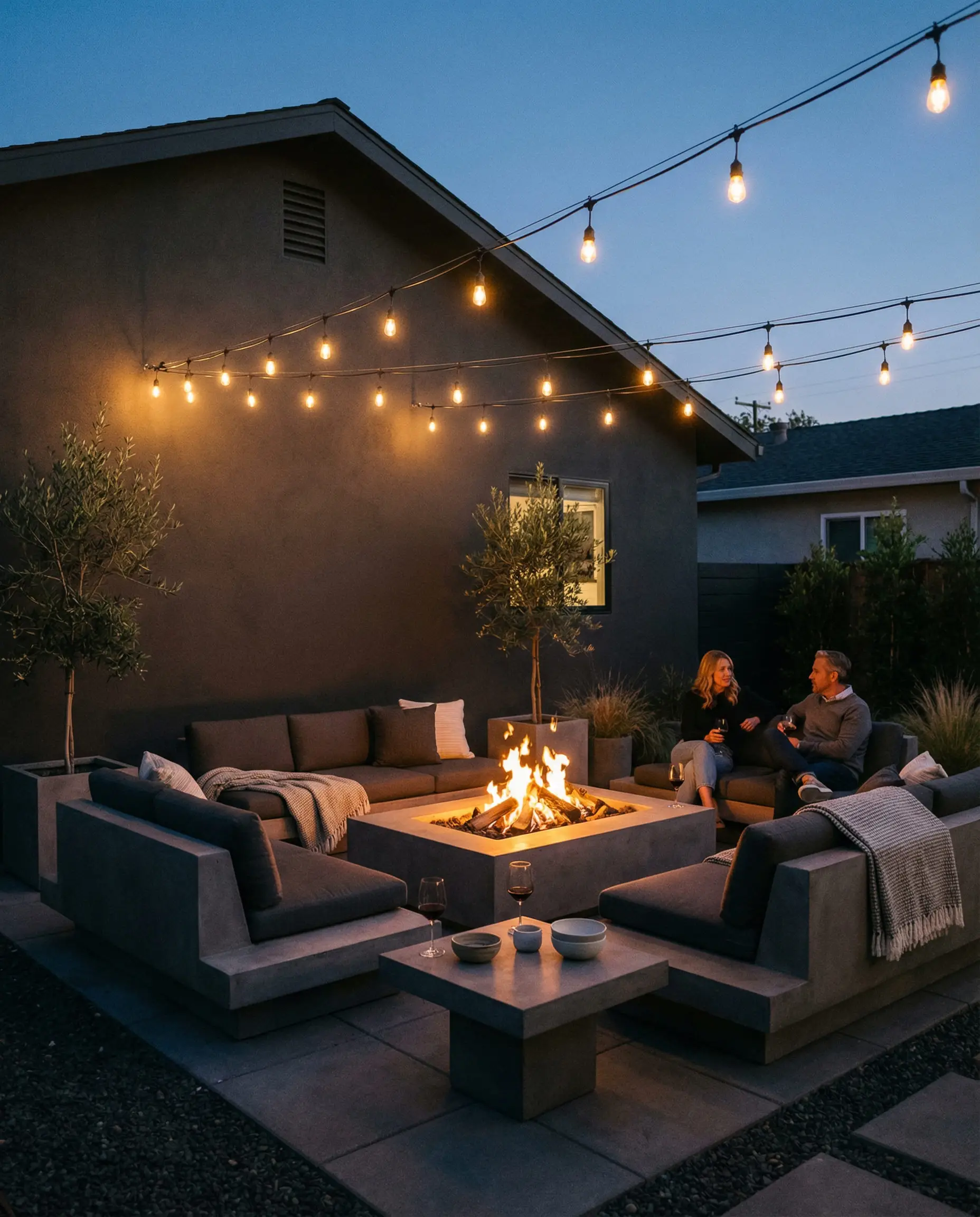 Modern backyard patio with Sherwin-Williams Urbane Bronze walls and string lights.