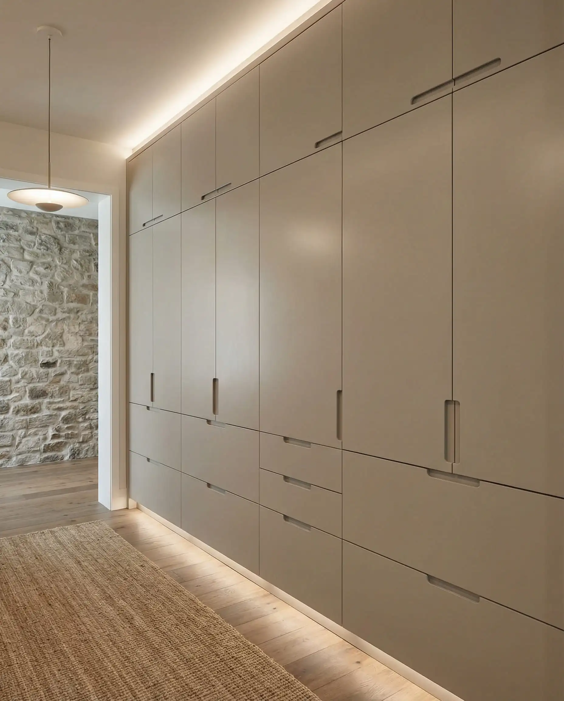 Full wall of pantry cabinets painted in Sherwin-Williams Shiitake SW 9173 giving a stone-like appearance.