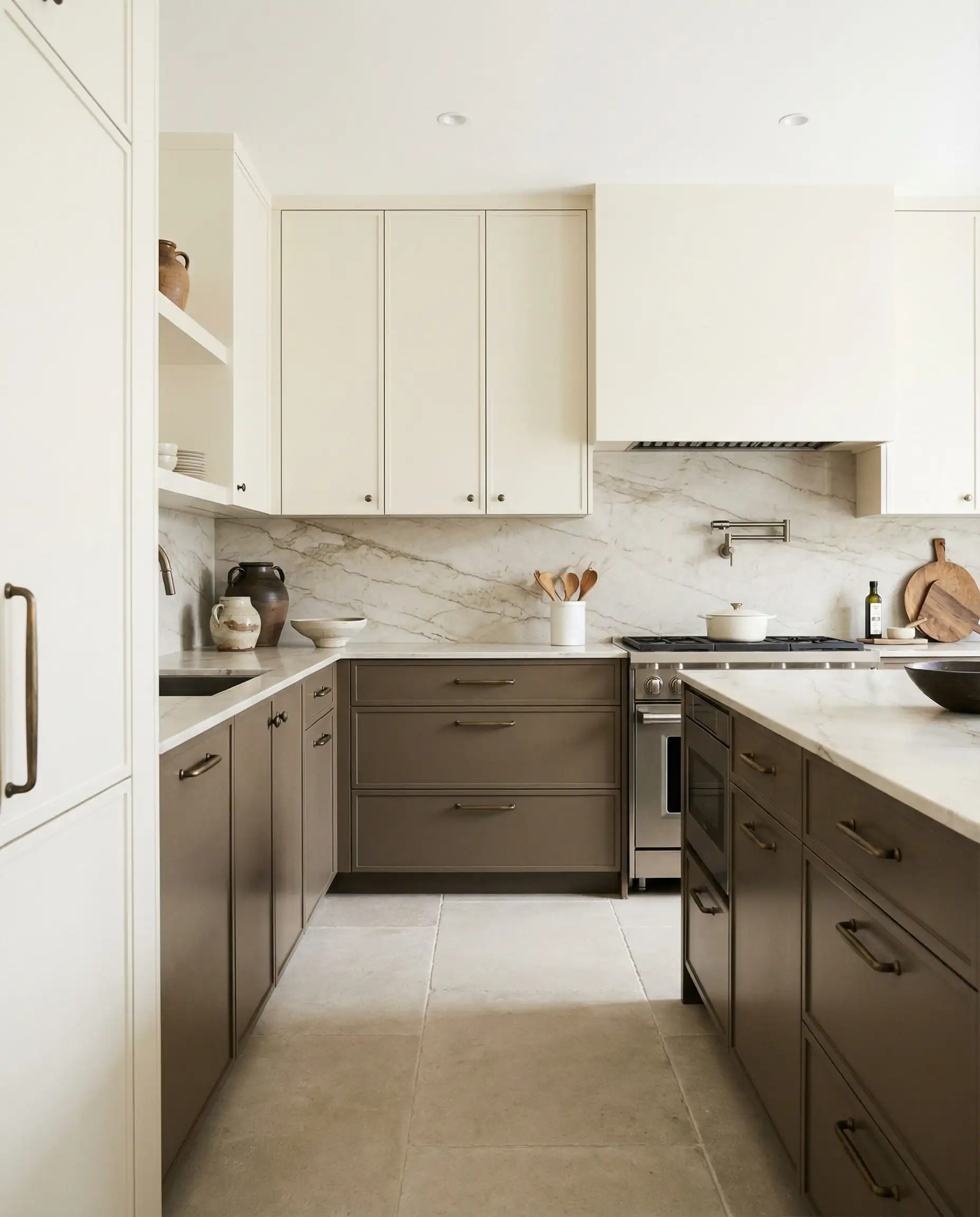 Modern two-tone kitchen with lower cabinets in Sherwin-Williams Shiitake SW 9173 and creamy white upper cabinets.