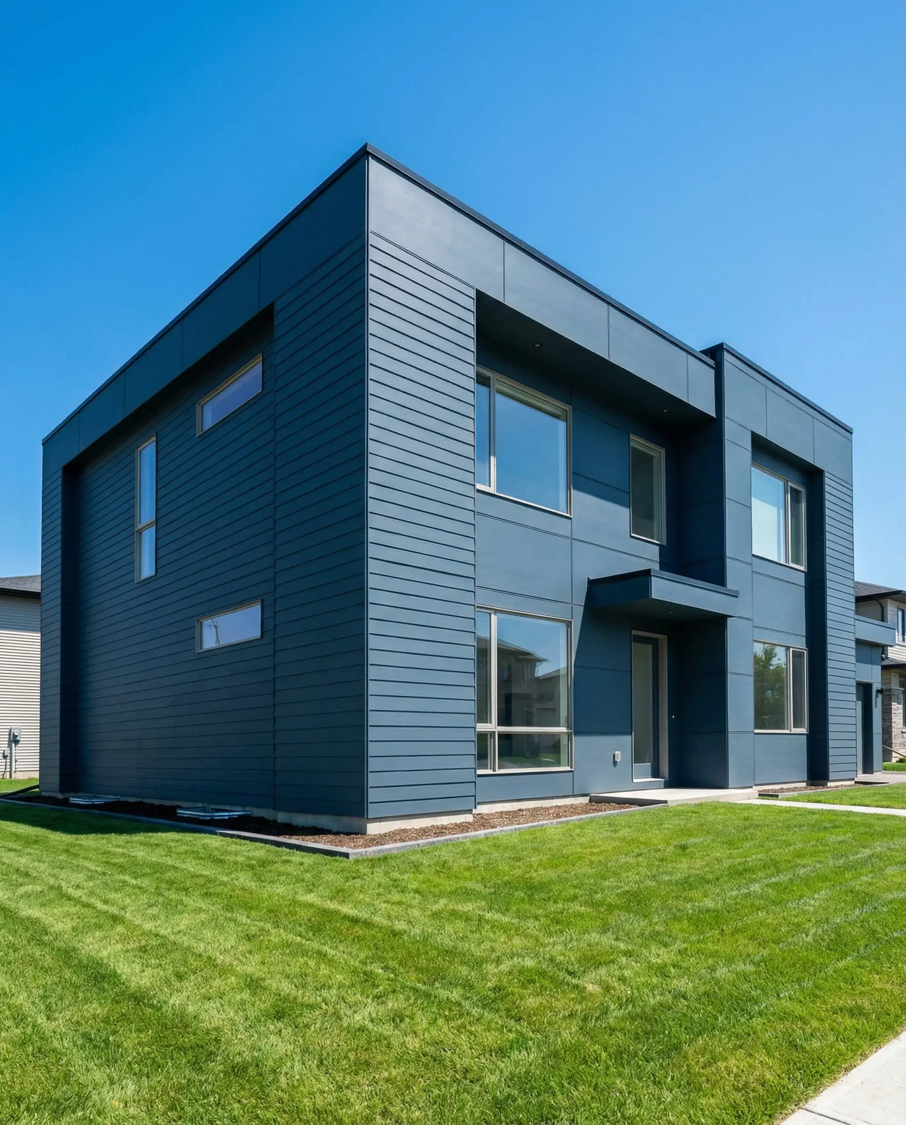 Wide angle shot of a contemporary two-story home clad in durable slate blue fiber cement siding, showing perfectly straight lines and no warping.