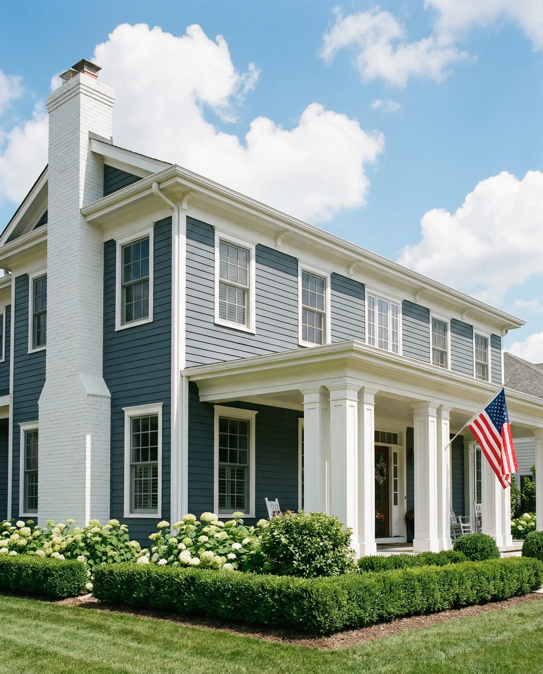 Stately traditional two-story home updated with slate blue lap siding, crisp white trim, and a white brick chimney against a blue sky.
