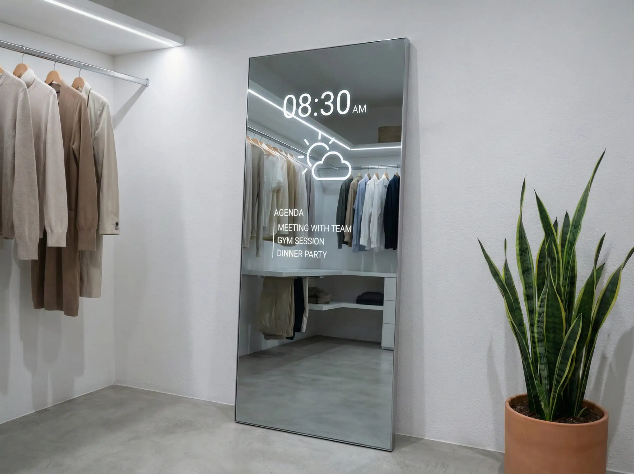 Full-length smart mirror displaying weather and time overlay in a modern minimalist closet setting.