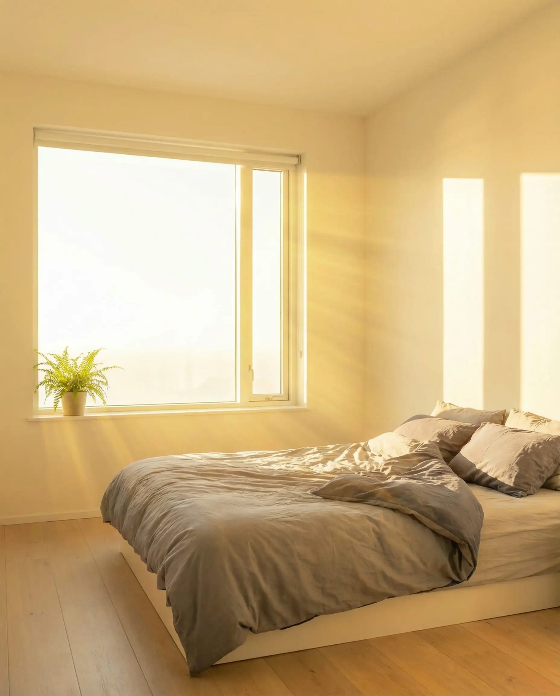 Bedroom with white walls appearing warm and golden-yellow due to intense South-facing window light.