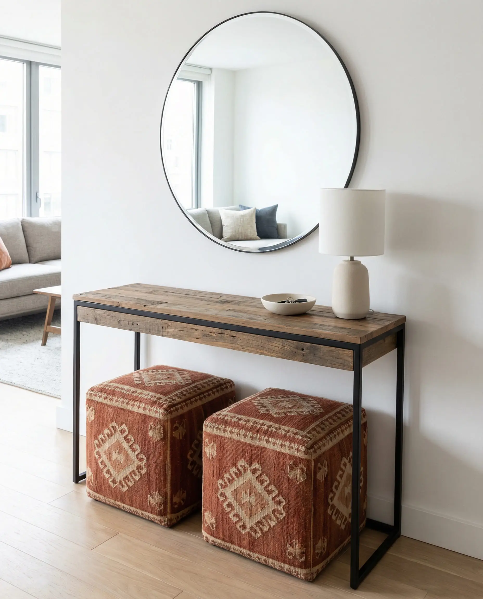 Two square leather poufs tucked under a reclaimed wood console table.